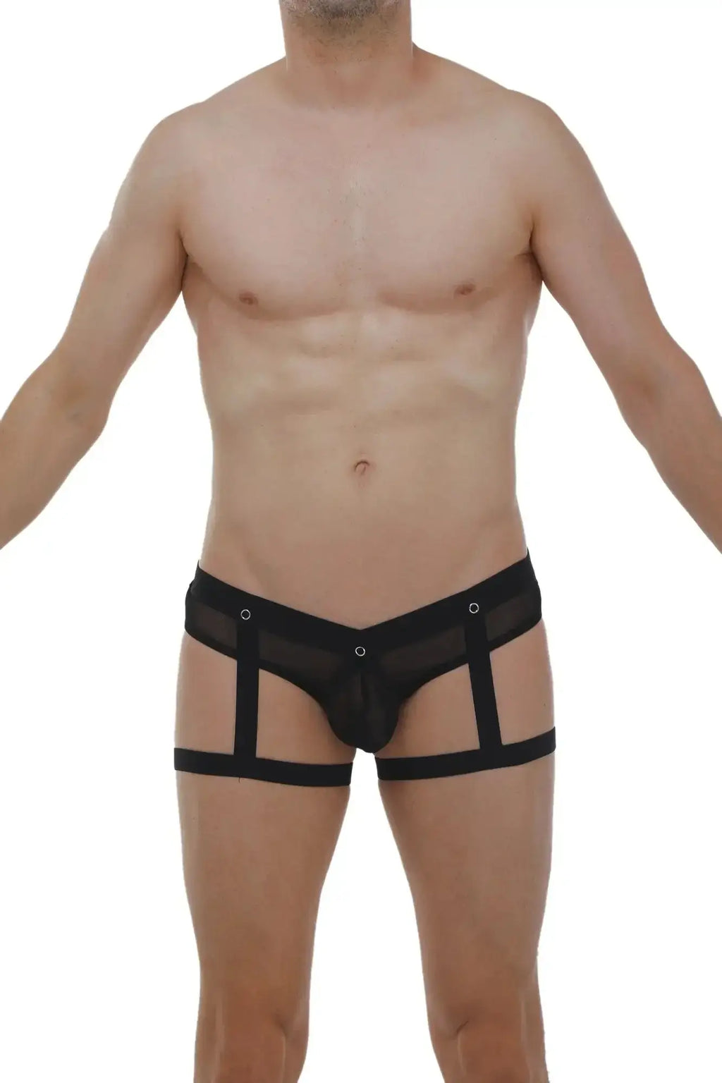 Black mesh petitq jockthong garter net with ring featuring a supportive strappy design front view