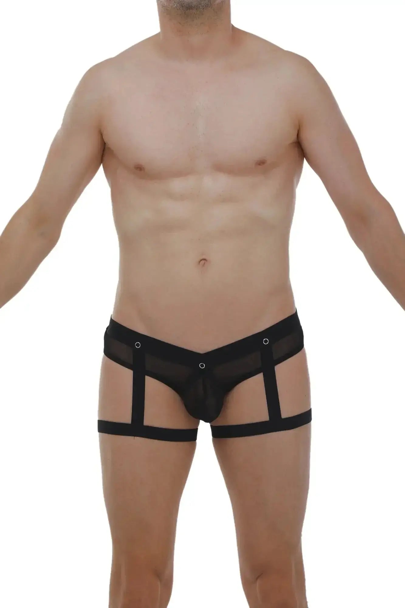 Black mesh petitq jockthong garter net with ring featuring a supportive strappy design front view