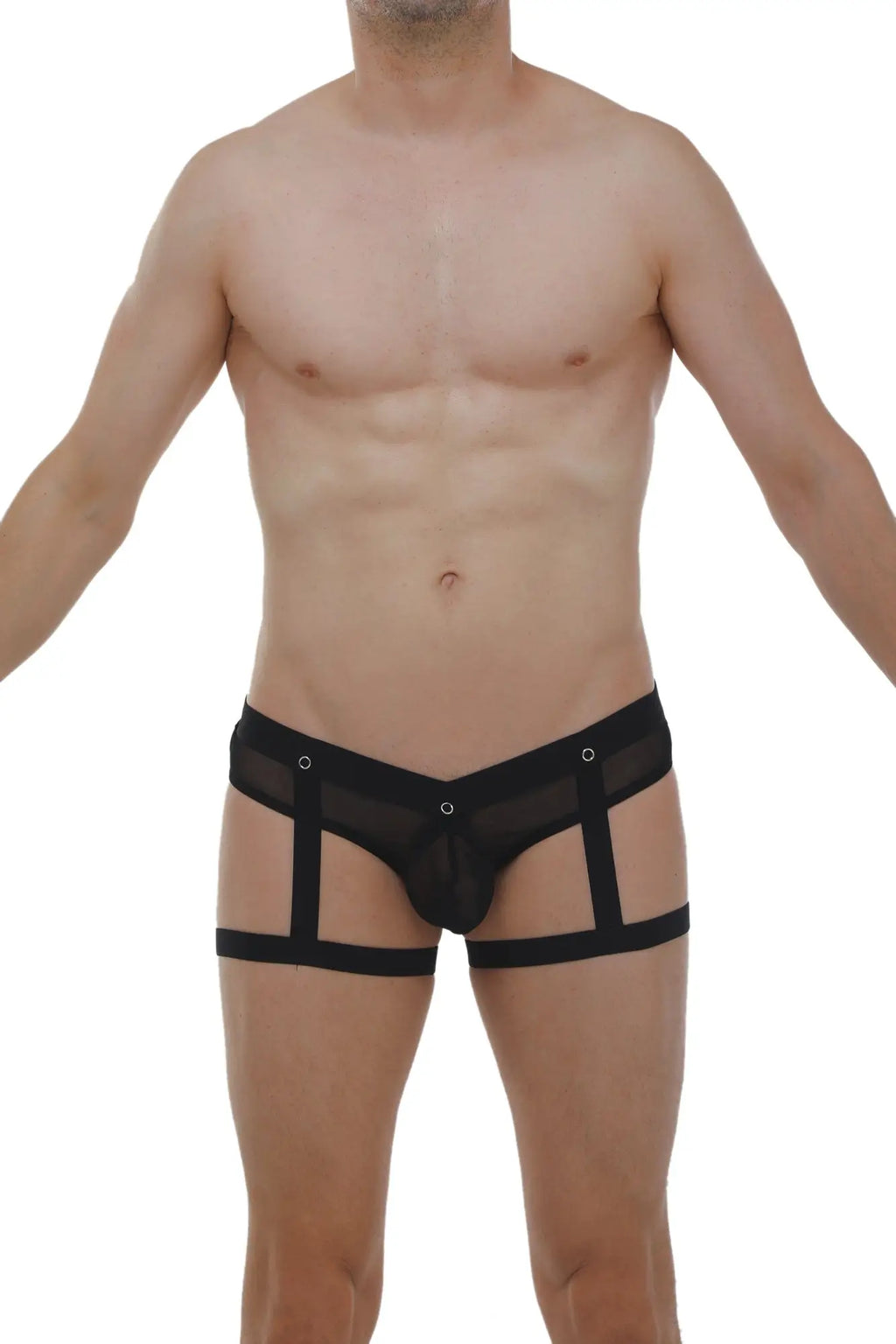 Black mesh petitq jockthong garter net with ring featuring a supportive strappy design front view