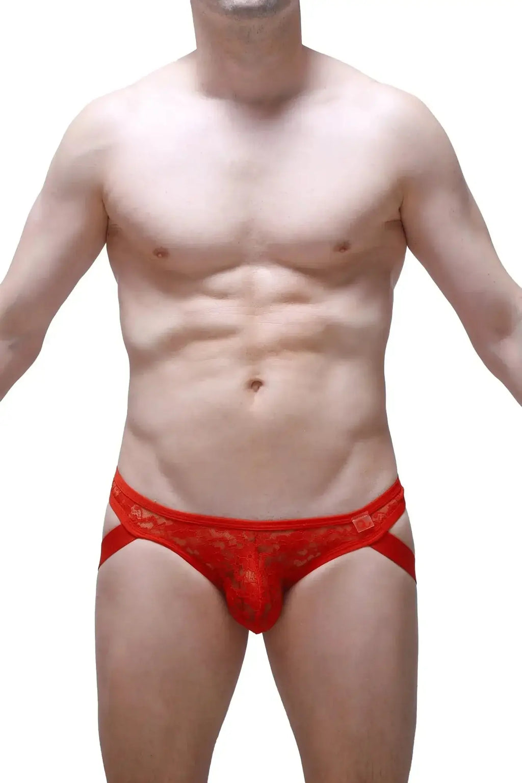 Red lace men’s jockthong underwear by petitq with sheer patterned design and supportive side straps