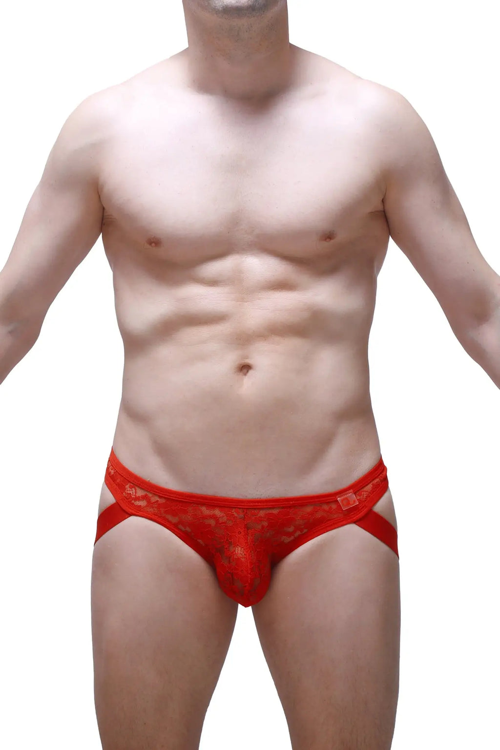 Red lace men’s jockthong underwear by petitq with sheer patterned design and supportive side straps