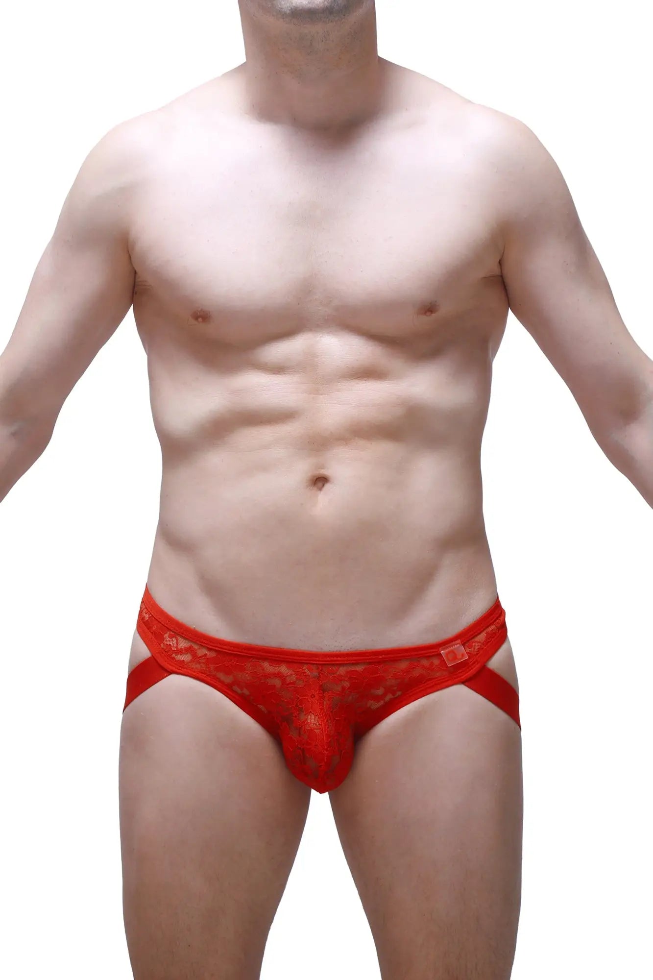 Red lace men’s jockthong underwear by petitq with sheer patterned design and supportive side straps