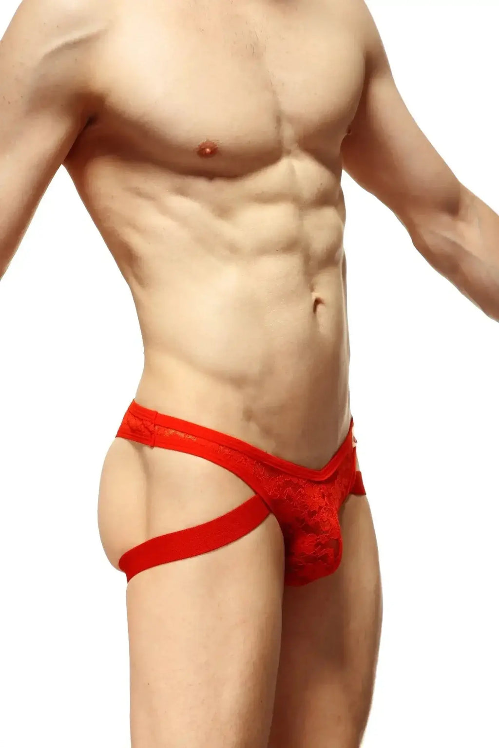 PetitQ jockthong lace red in a red lace thong with bold intricate pattern and smooth elastic straps