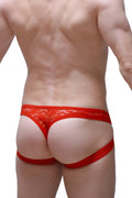 Petitq jockthong lace red featuring a red lace thong with solid red waistband and matching side straps