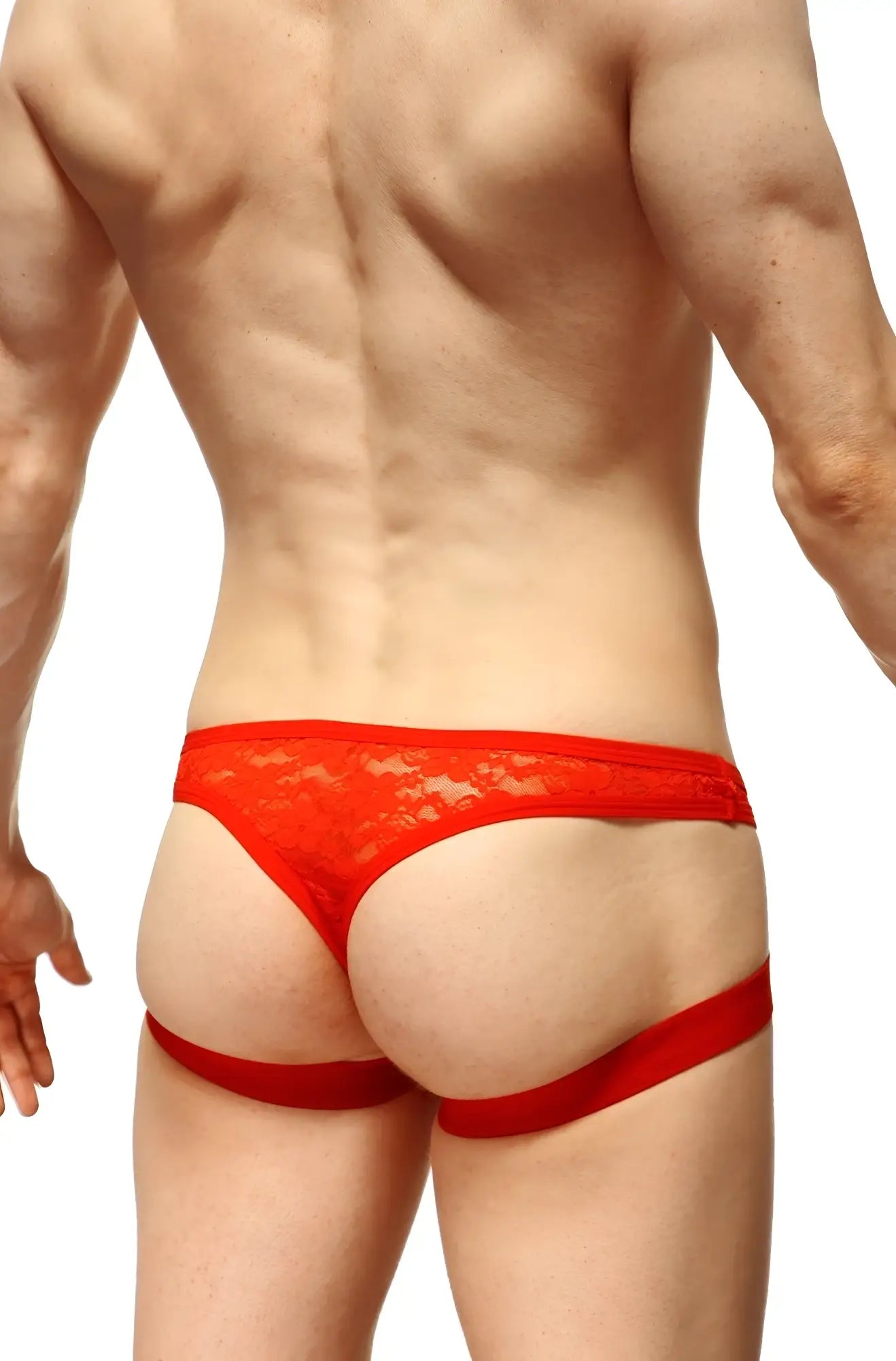 PetitQ jockthong lace red featuring a red lace thong with matching side straps displayed from the front