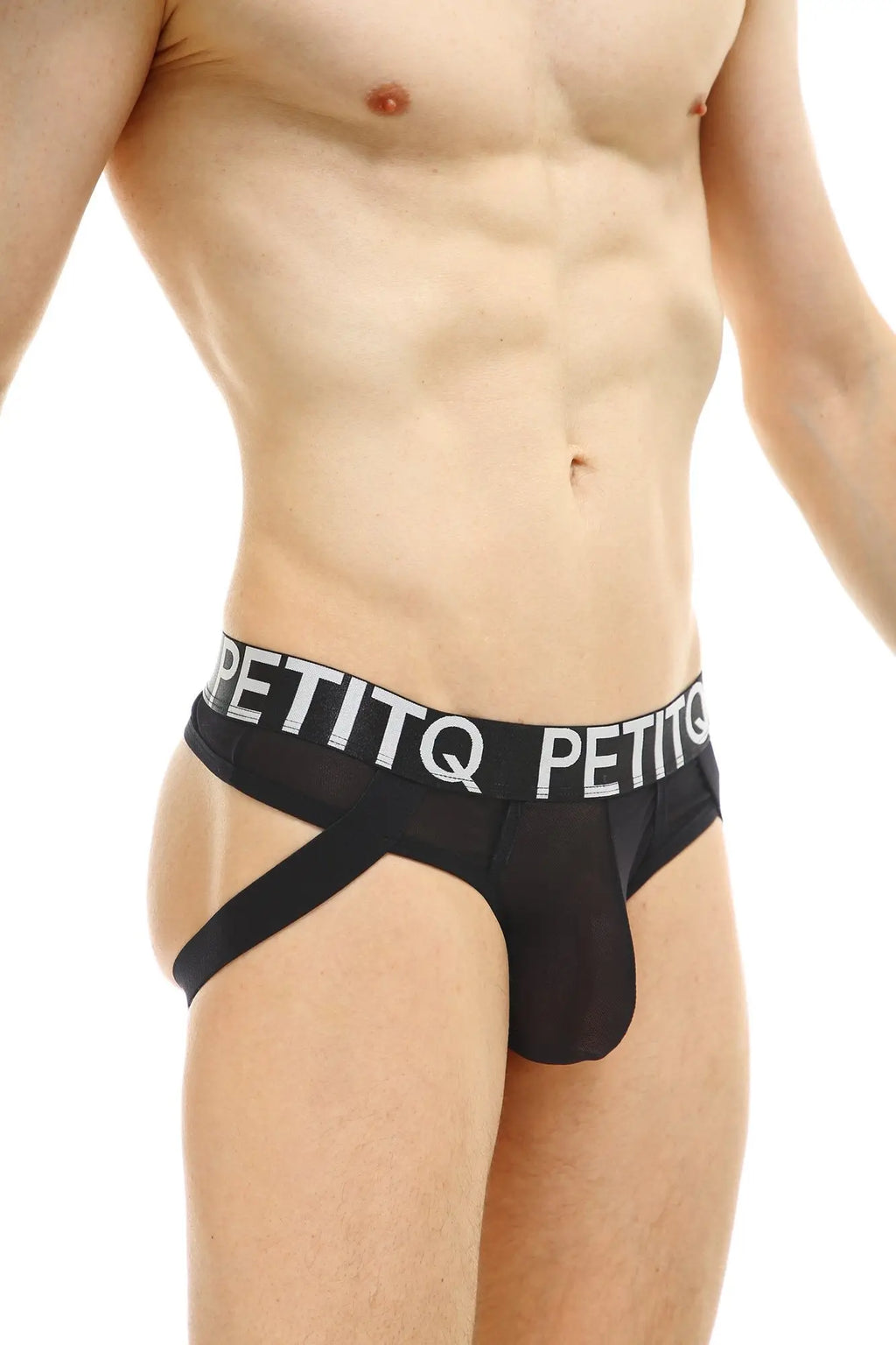 Black petitq jock thong briefs with a white logo band and side straps in breathable net fabric