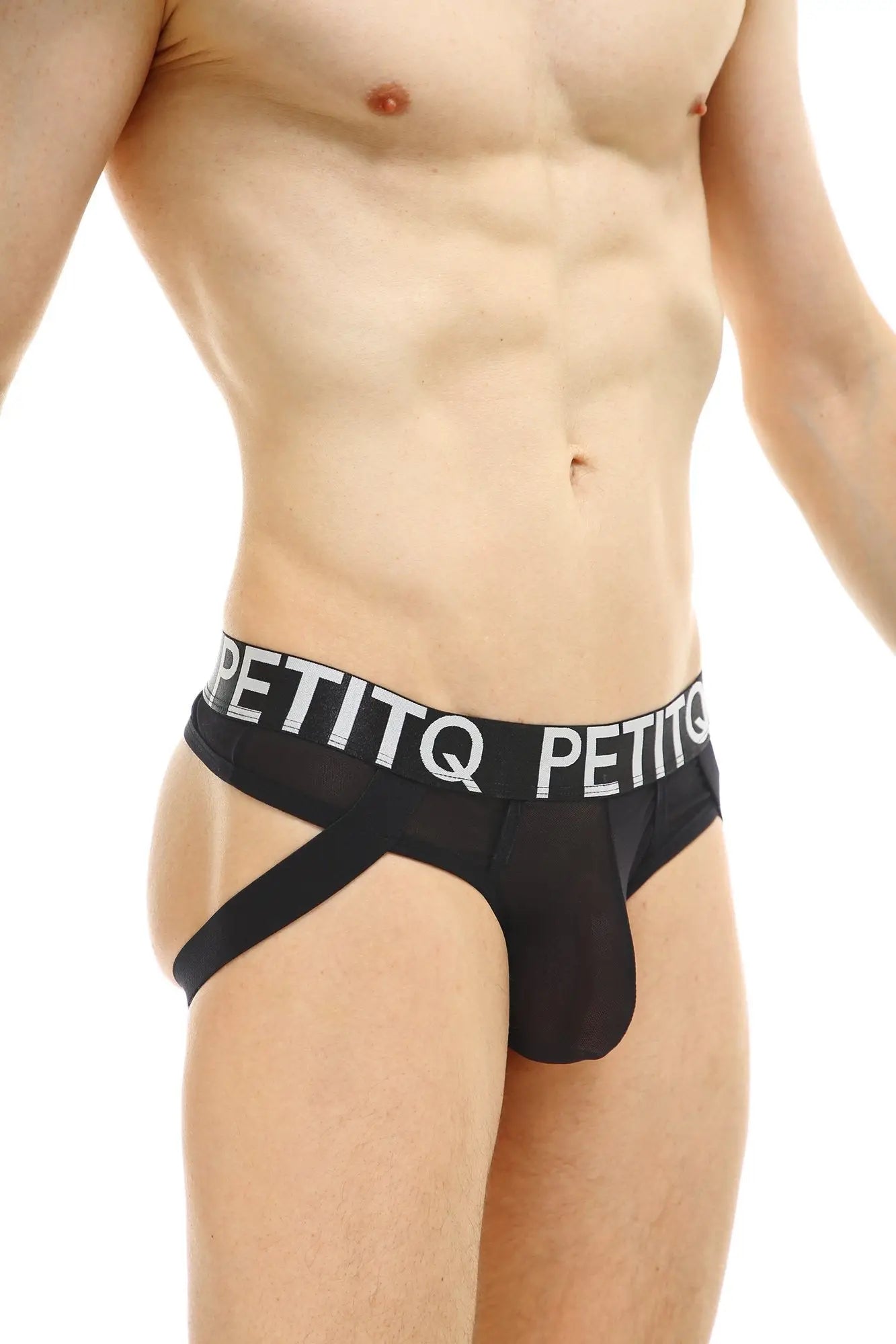 Black petitq jock thong briefs with a white logo band and side straps in breathable net fabric