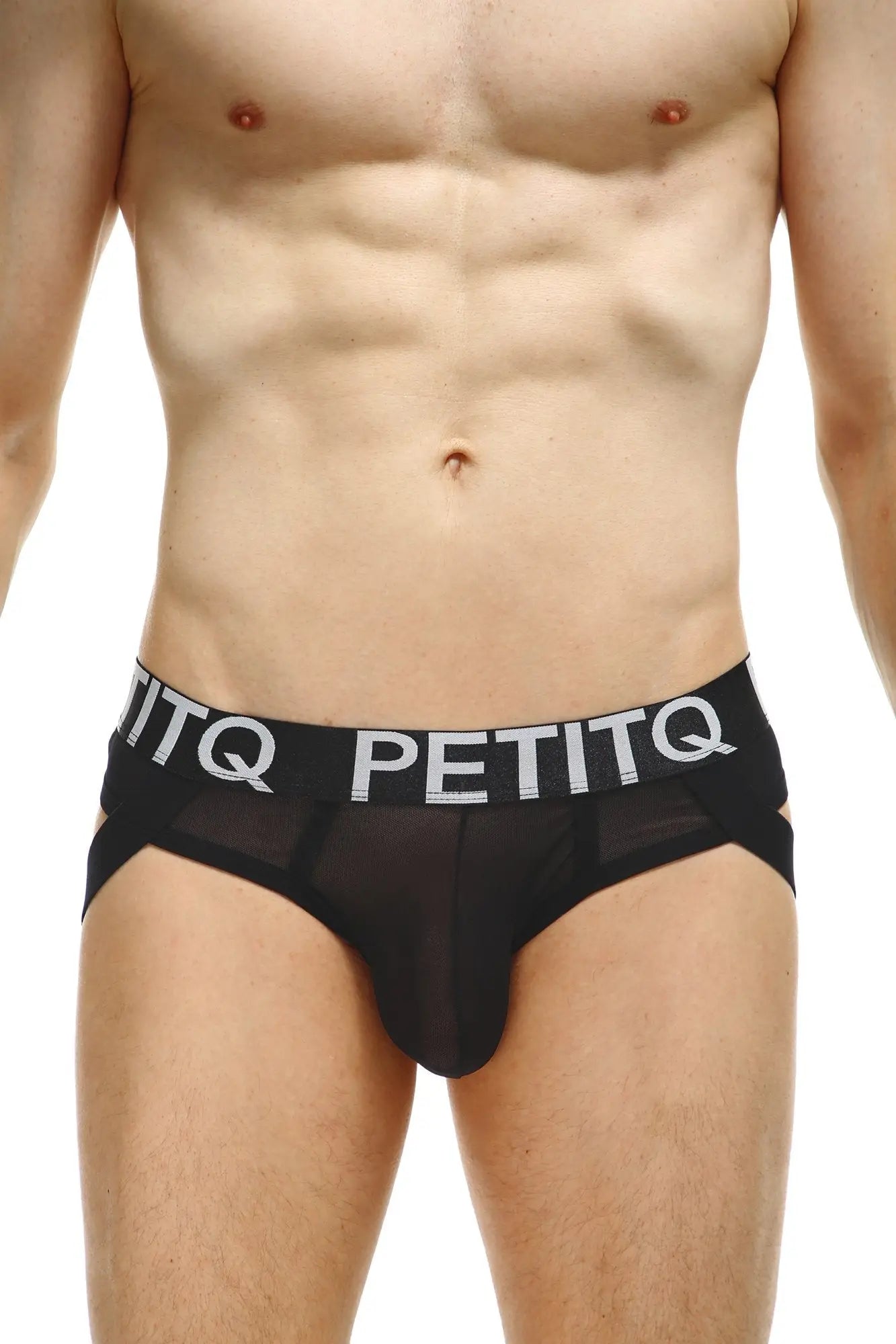 Black mesh briefs with bold white petitq logo band in petitq jockthong net black product image
