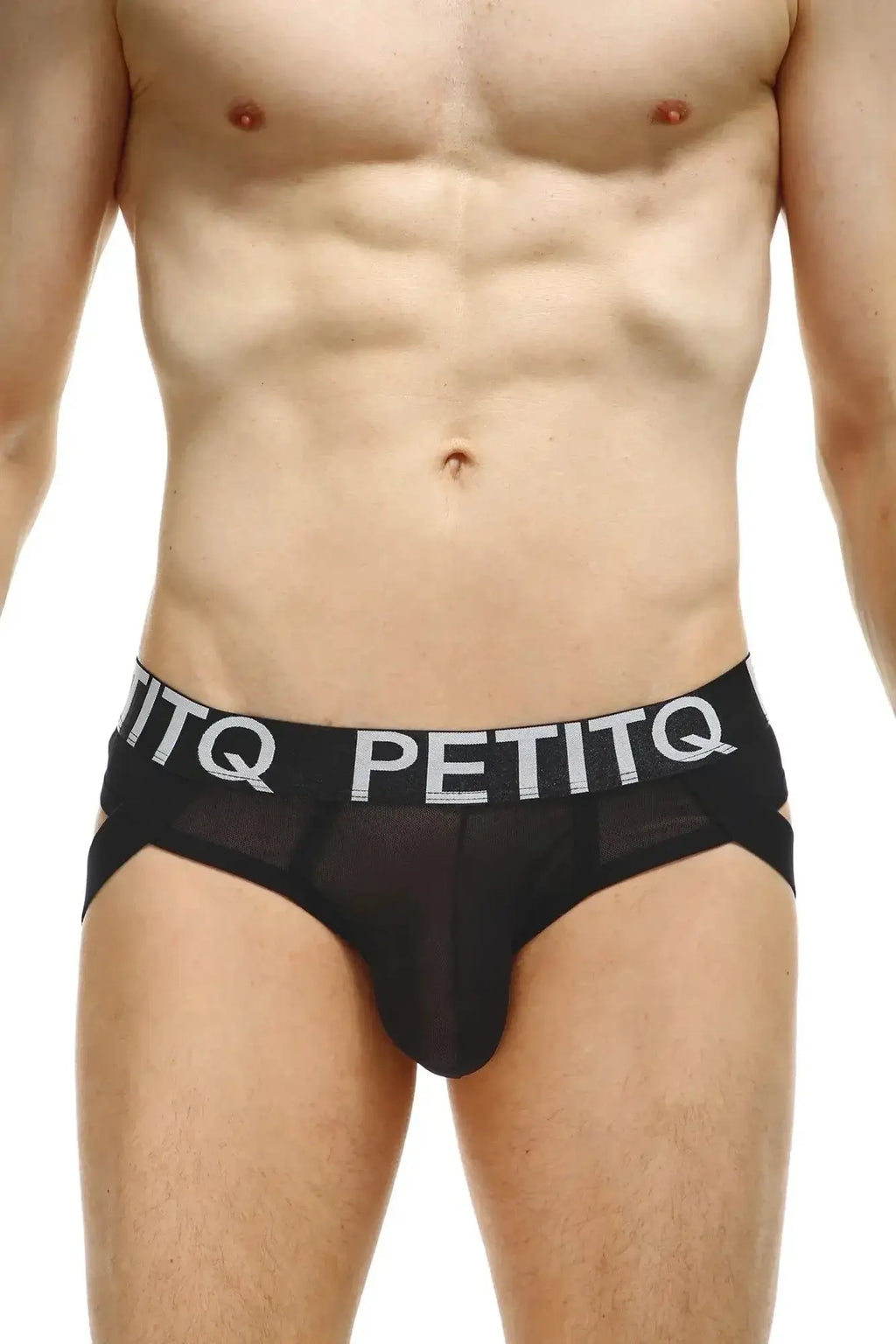 Black PetitQ net jock-thong featuring a branded elastic waistband with silver lettering.