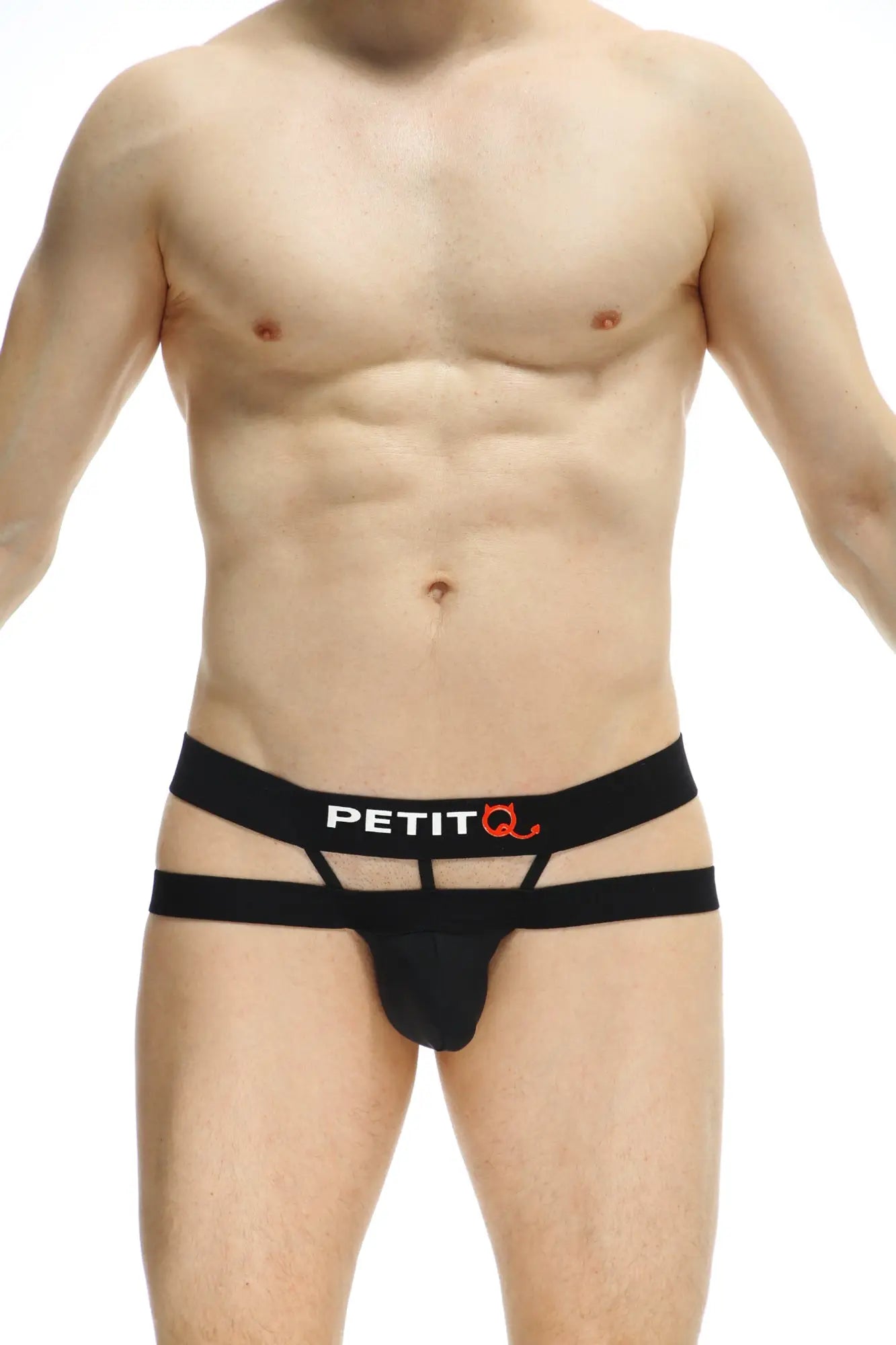 Black PetitQ jock thong Rider Bost men’s briefs with two horizontal hip straps and elastic waistband for support