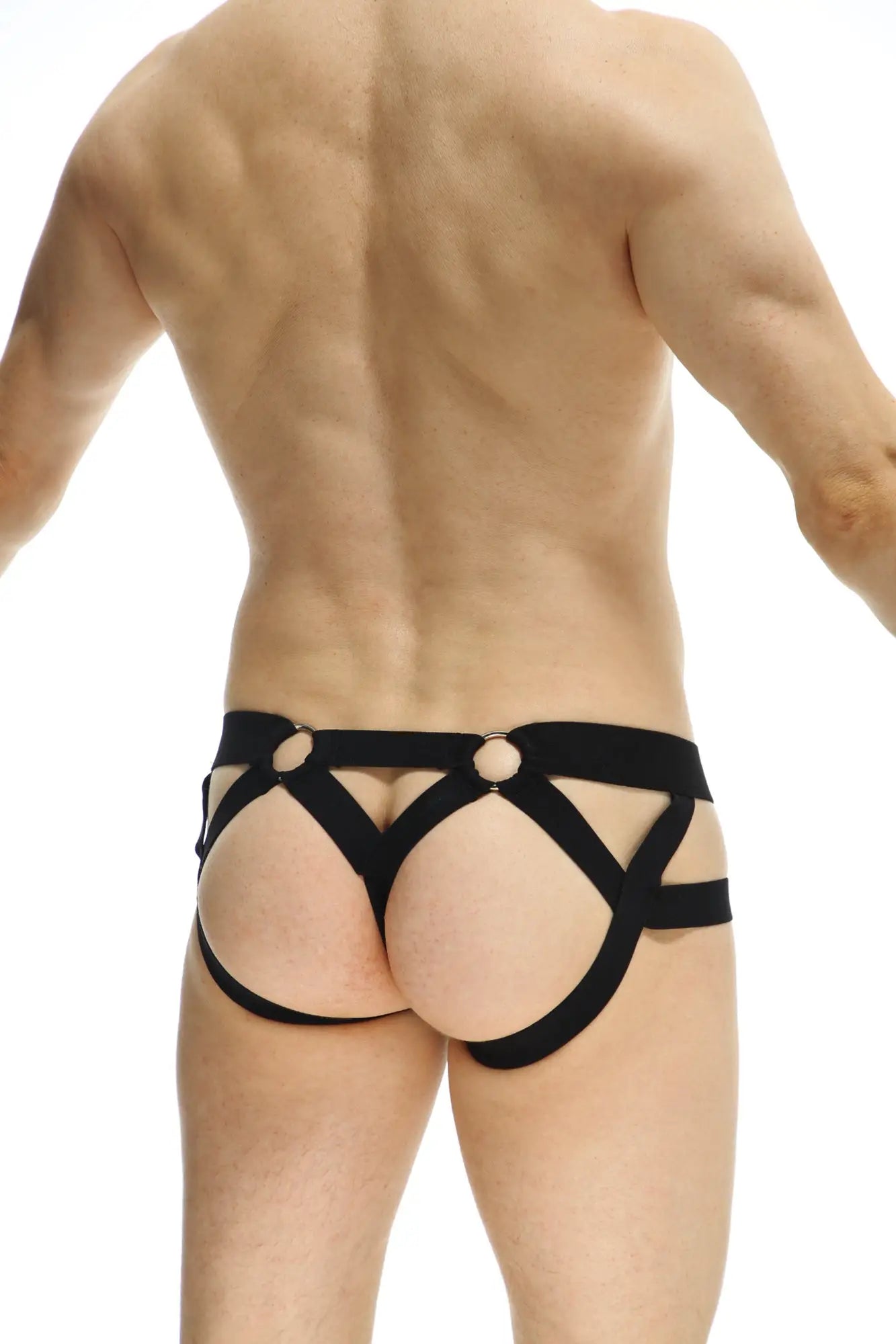 PetitQ JockThong Rider Bost black strappy harness underwear with crisscross design and metal rings at the front