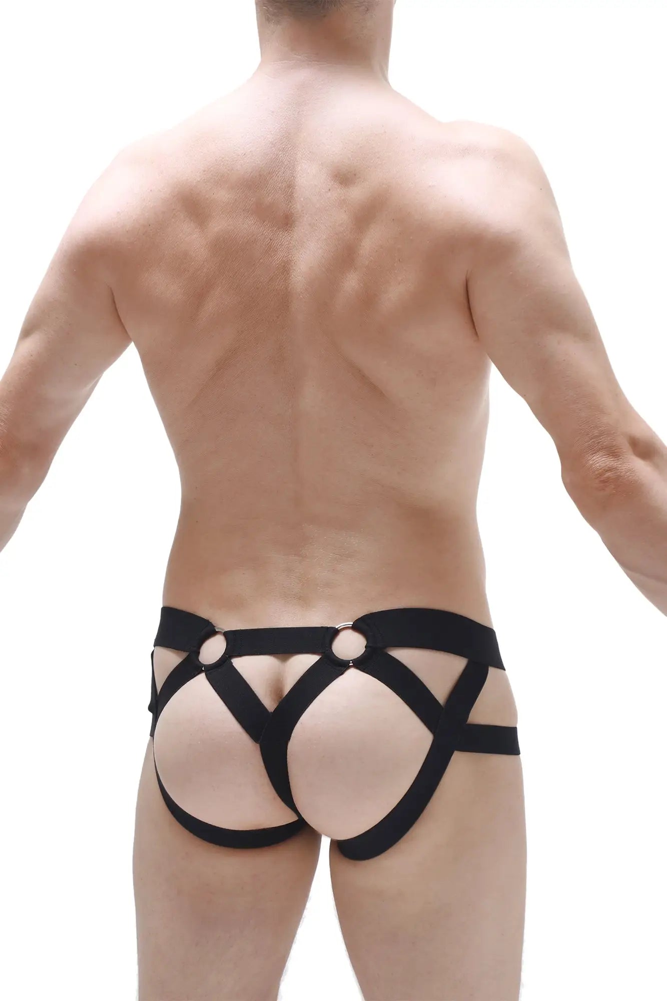 Black leather harness-style briefs with circular metal rings from petitq jockthong rider bost net black product