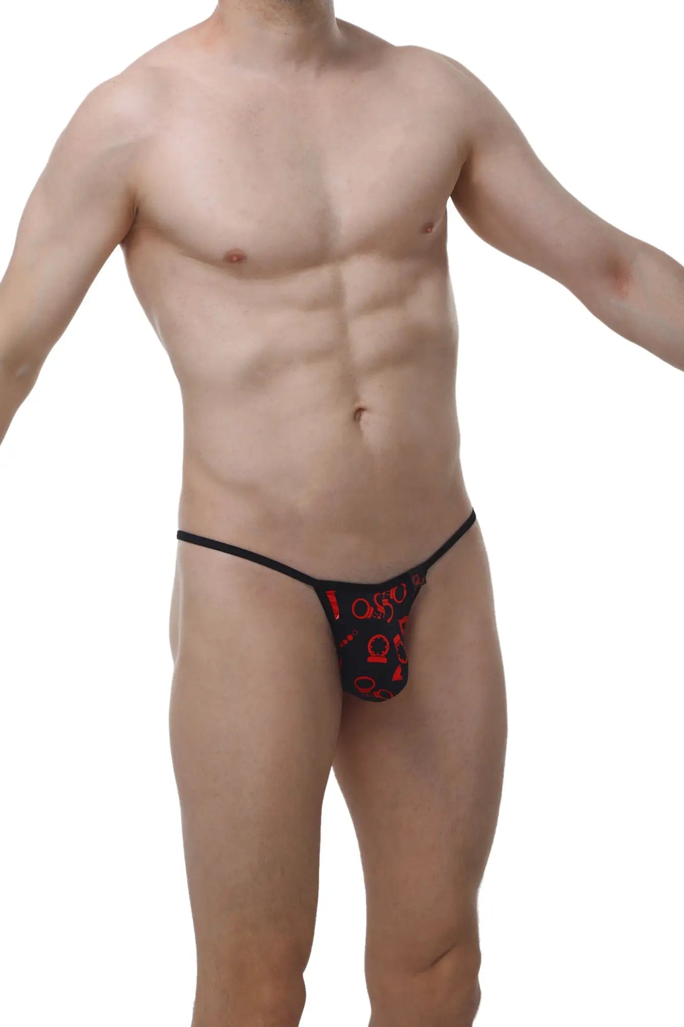 Black thong with red graphic patterns from PetitQ Kini Boudoir showcasing bold design and comfortable fit