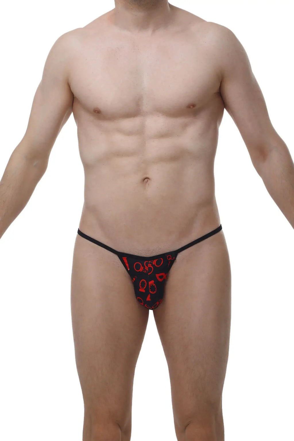 Black thong with red keyhole pattern from PetitQ Kini Boudoir lingerie collection shown from the back side
