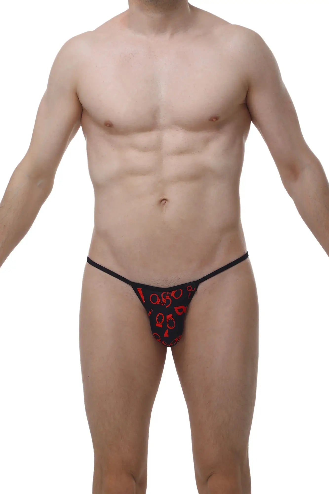Black thong with red keyhole pattern from PetitQ Kini Boudoir lingerie collection shown from the back side