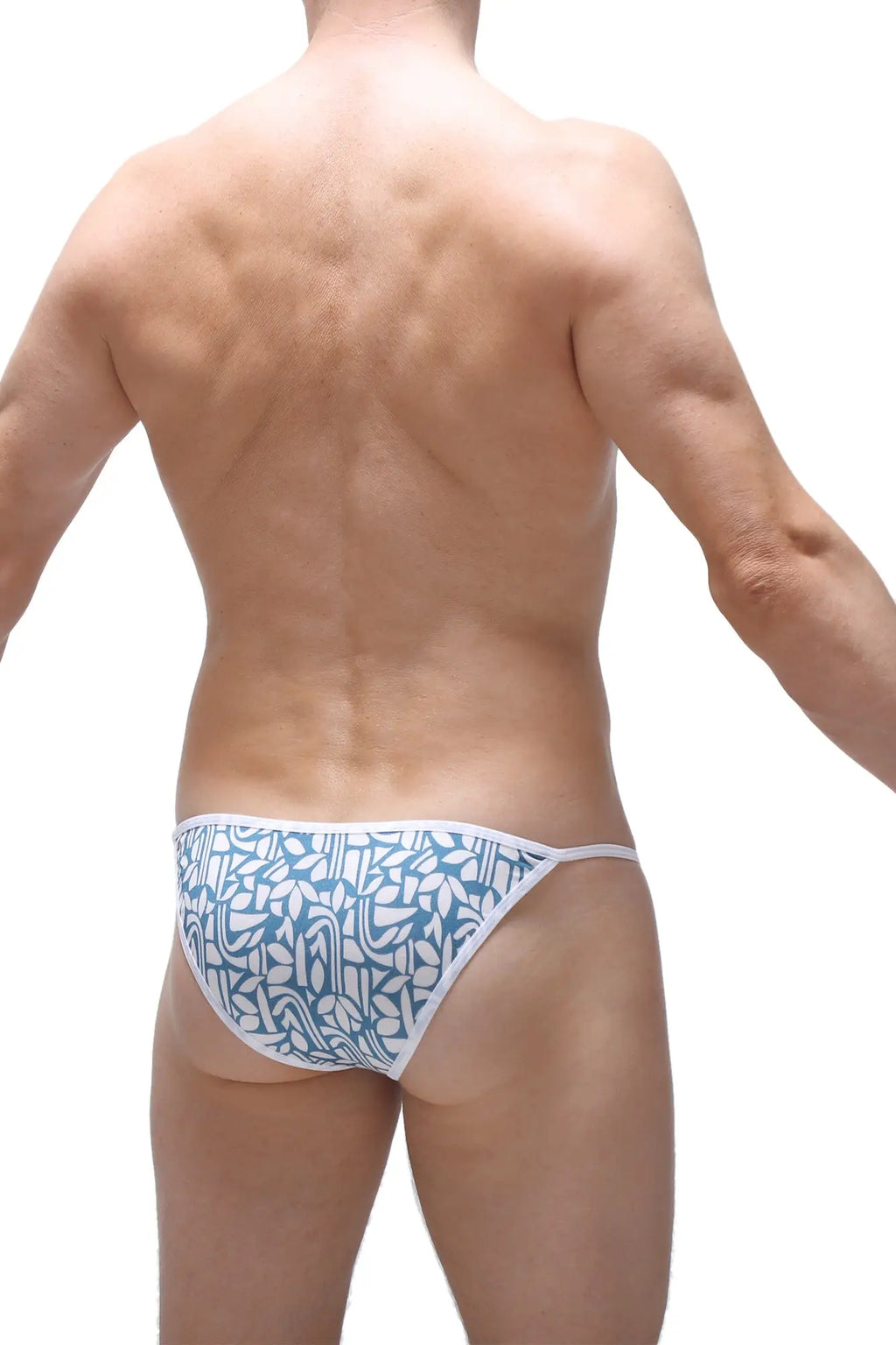 Blue and white patterned men’s briefs with geometric leaf design petitq kini carlot blue in soft breathable fabric