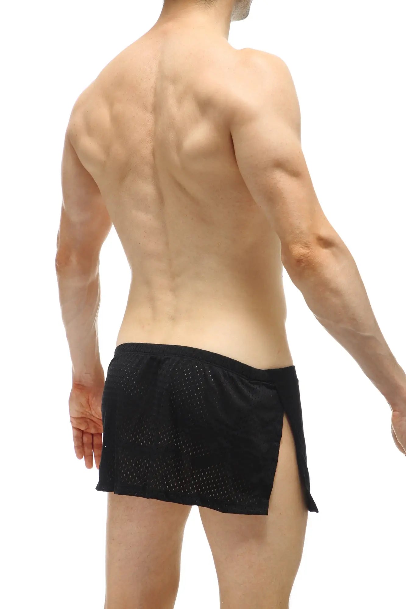 PetitQ loincloth bee black mesh athletic shorts with side slit and jockstrap for active wear