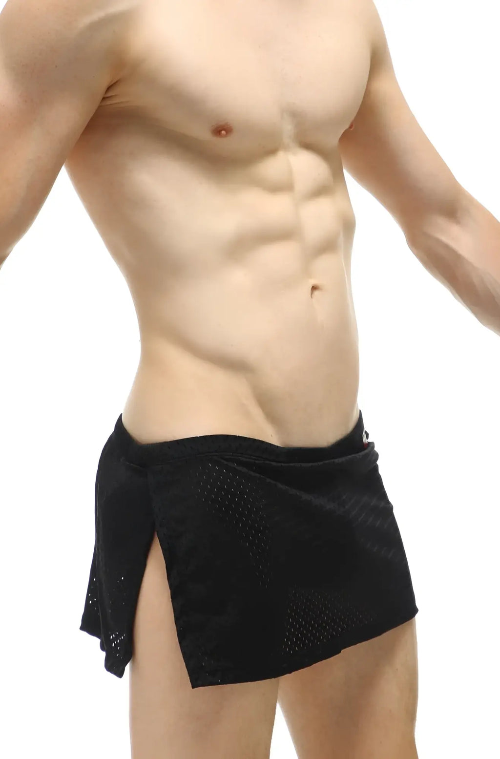 Petitq loincloth bee black athletic shorts with black mesh fabric side slit and elastic waistband