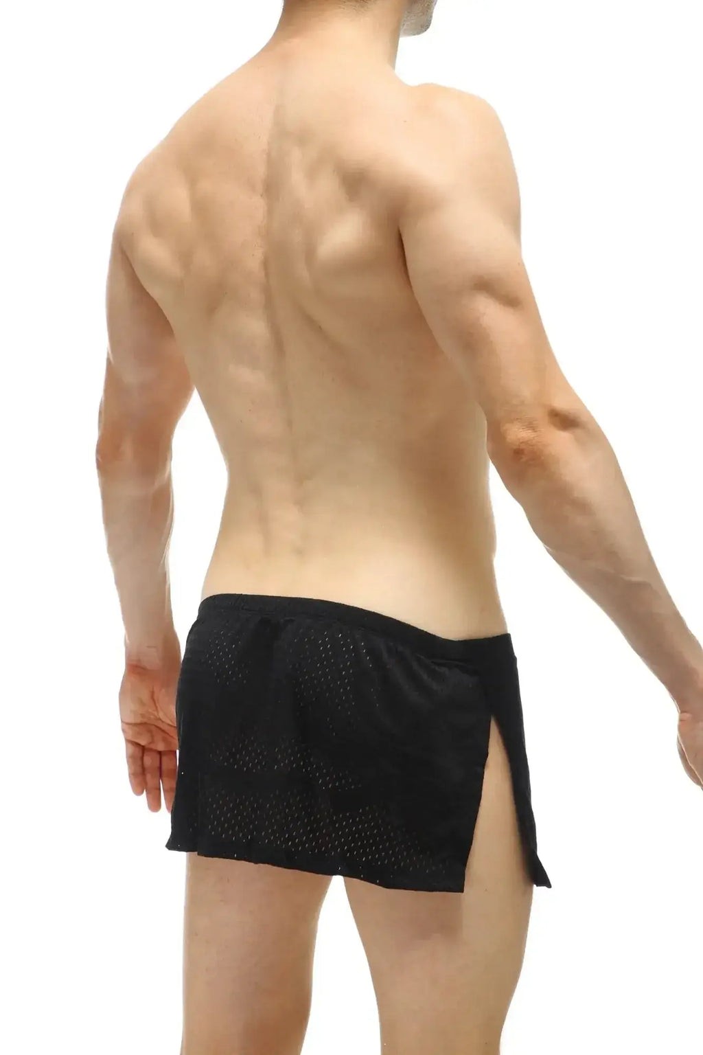 PetitQ loincloth bee black mesh athletic shorts with side slit and jockstrap for active wear
