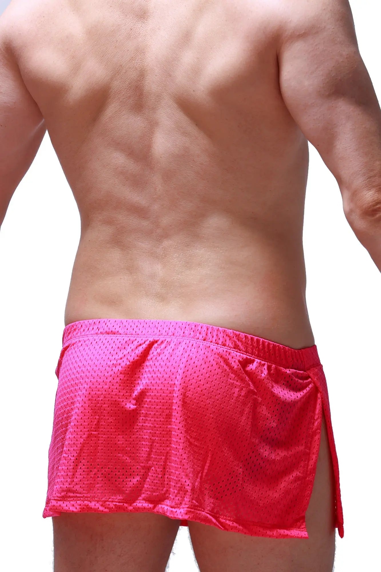 Bright pink petitq loincloth bee pink mesh athletic shorts with satin-like waistband and side slit with jockstrap