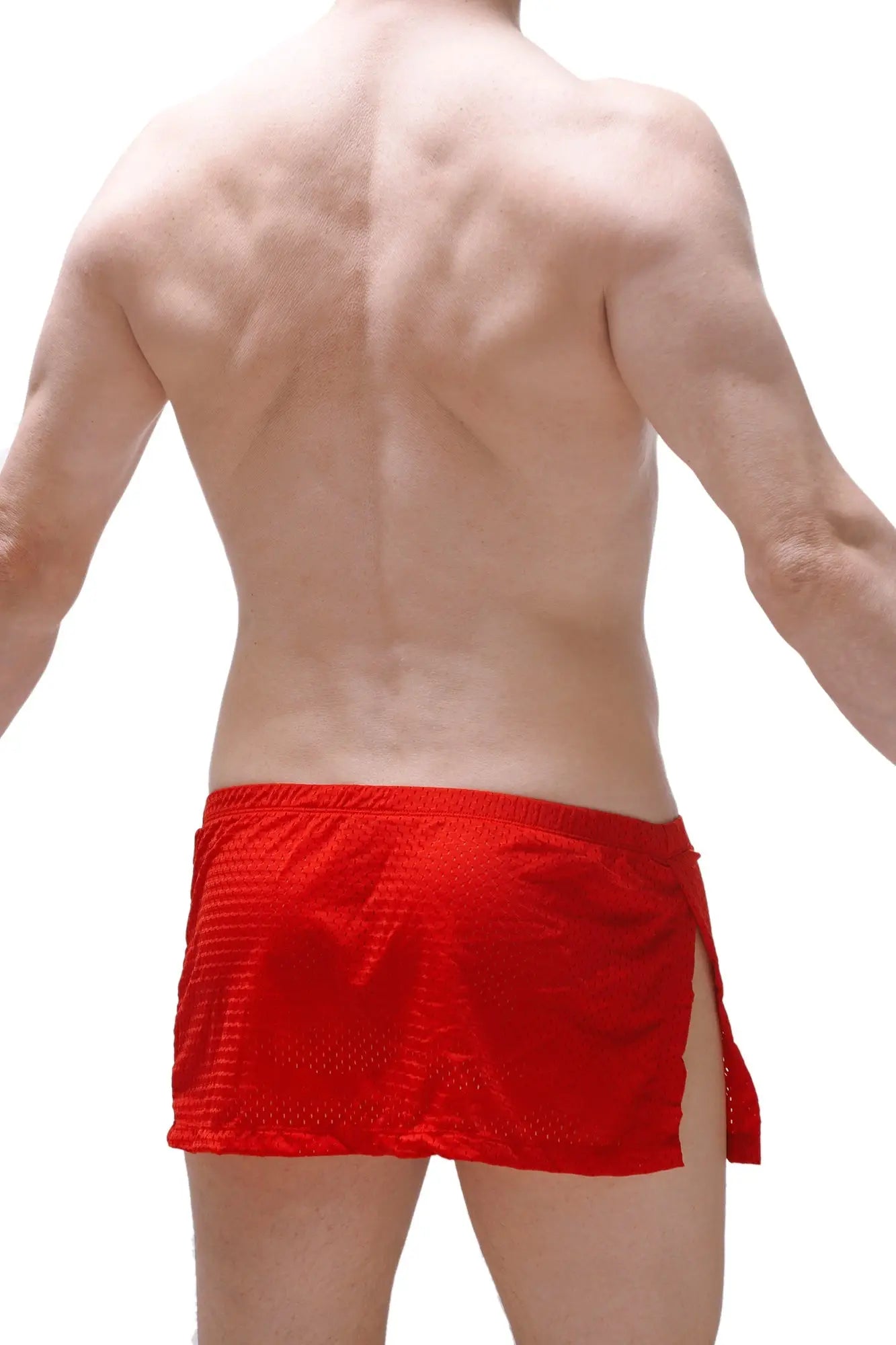 Red athletic PetitQ loincloth bee with jockstrap featuring textured mesh fabric and side slits