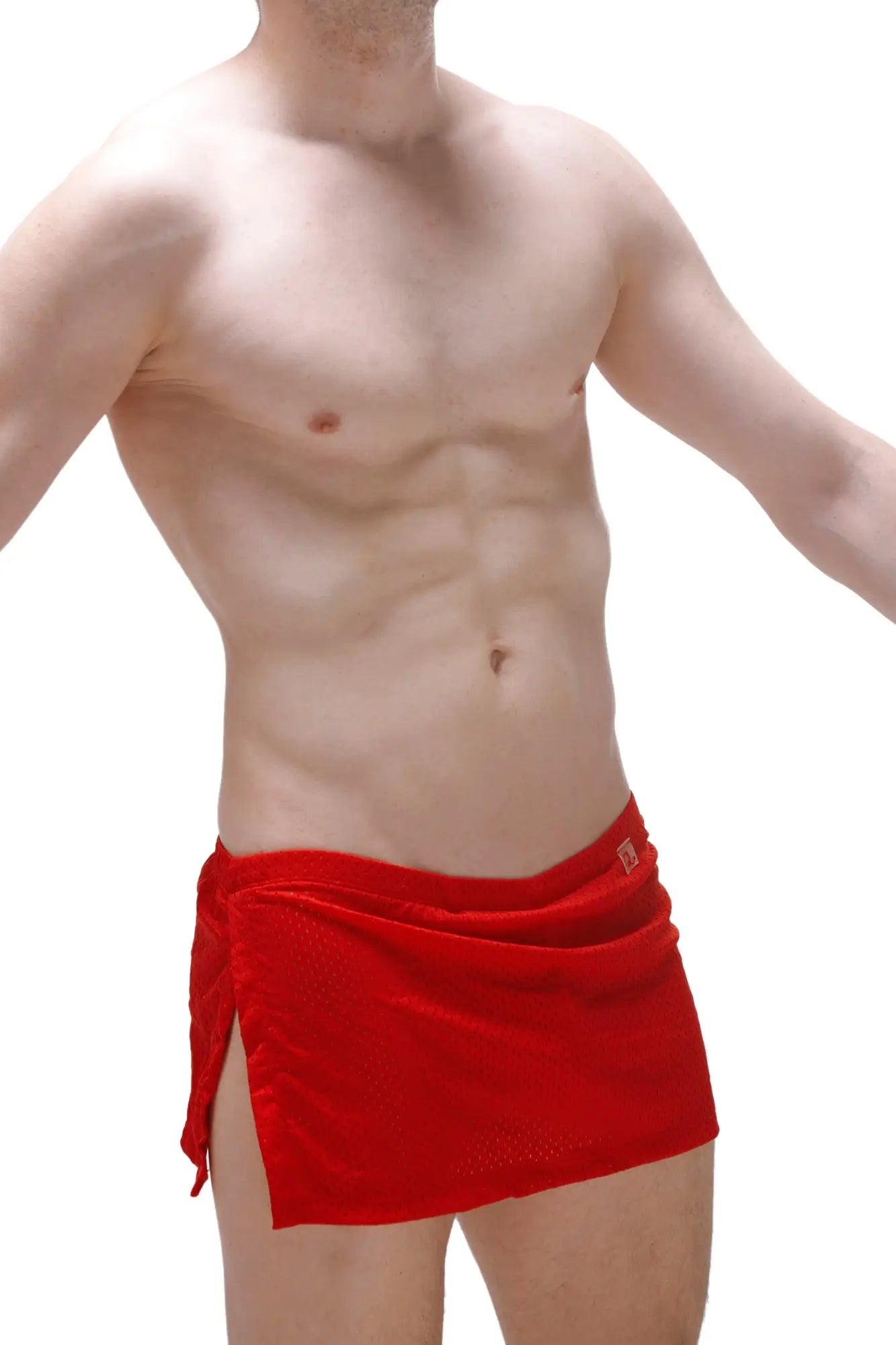 PetitQ loincloth bee red velvet wrap-around shorts with side slit and small gold logo on waistband