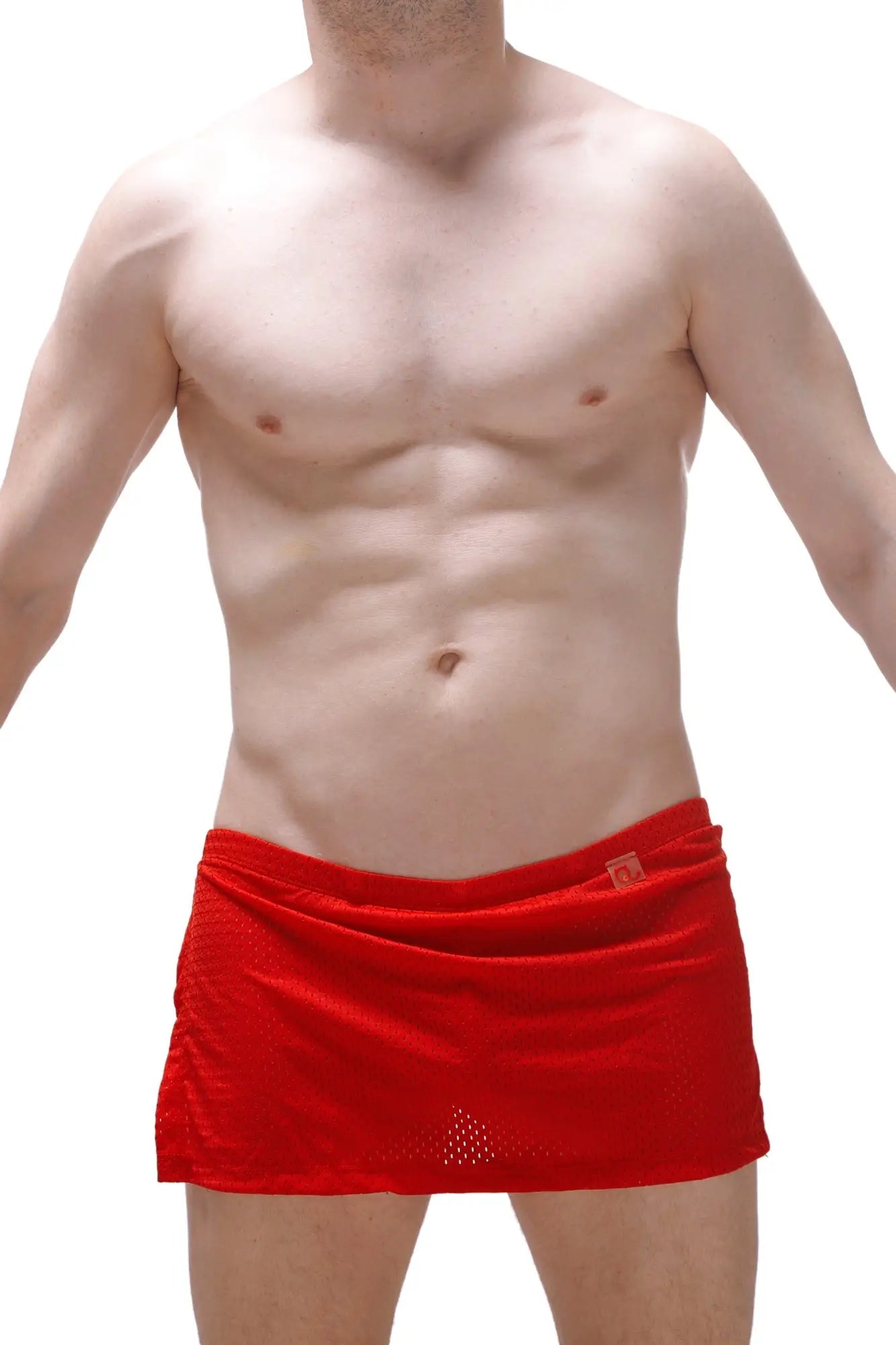PetitQ loincloth bee red red velvet wrap-around briefs with subtle texture and small embroidered logo on waistband