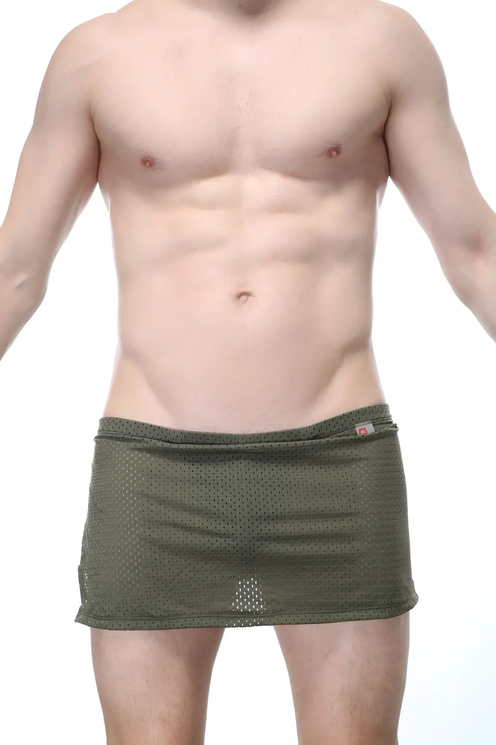 Olive green mesh briefs with a snug form-fitting design and small red logo on the waistband from petitq loincloth bee sage w jockstrap