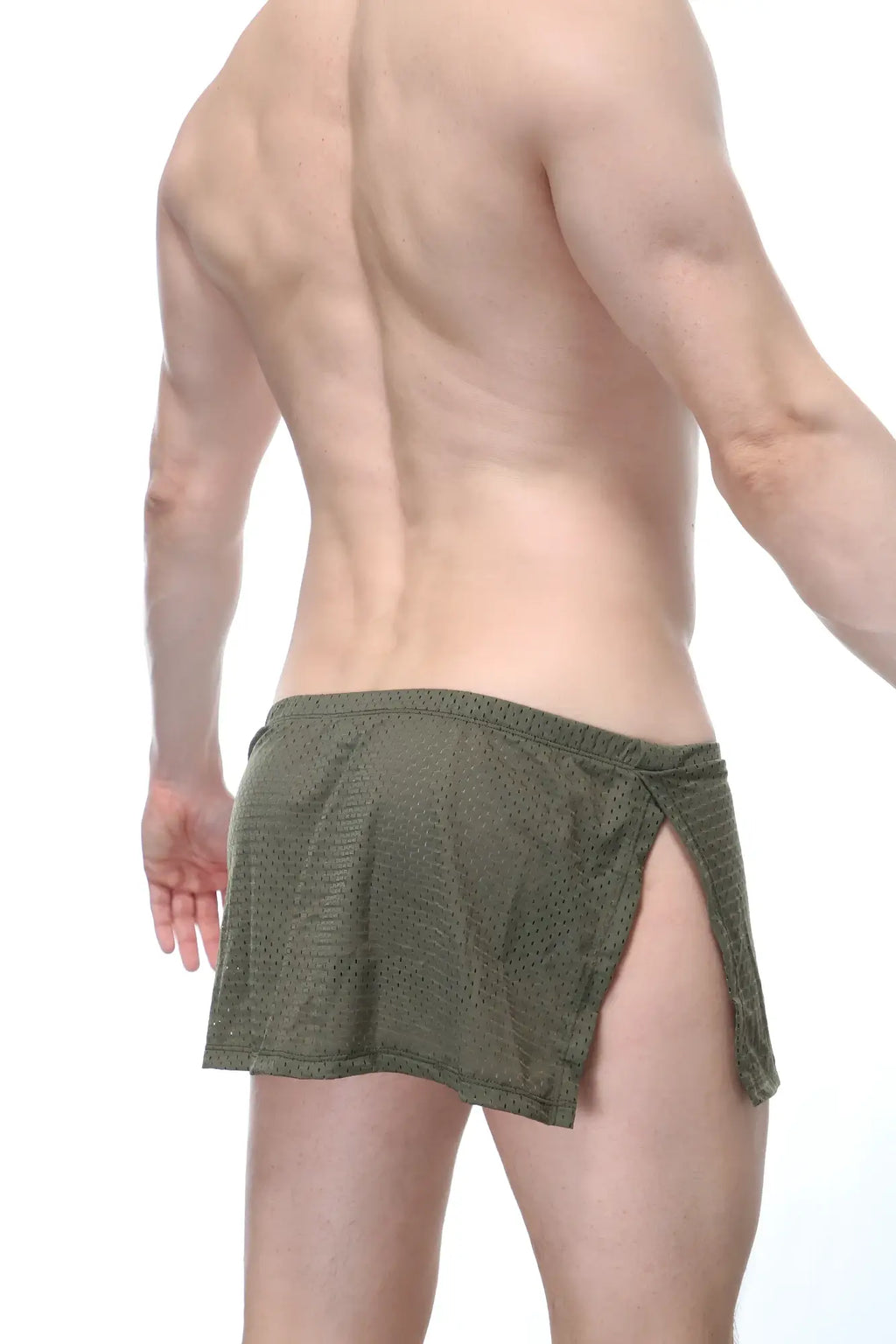 Olive green textured mesh briefs with side slit from petitq loincloth bee sage with jockstrap design