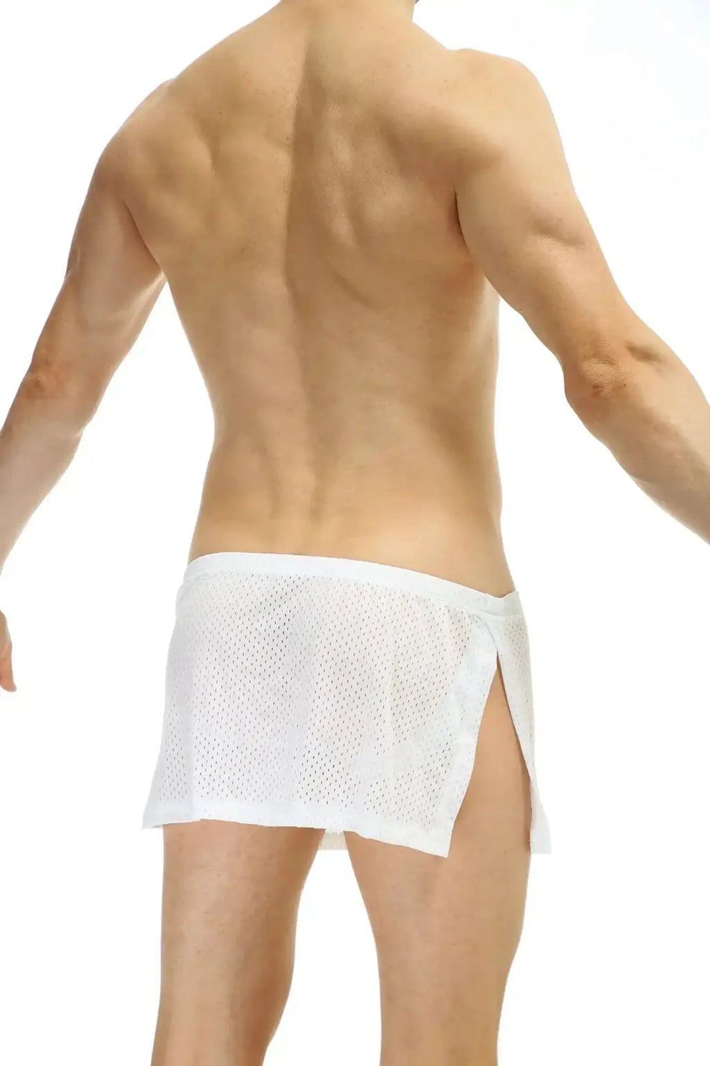 White mesh petitq loincloth bee briefs with side slit elastic waistband and jockstrap for breathable comfort