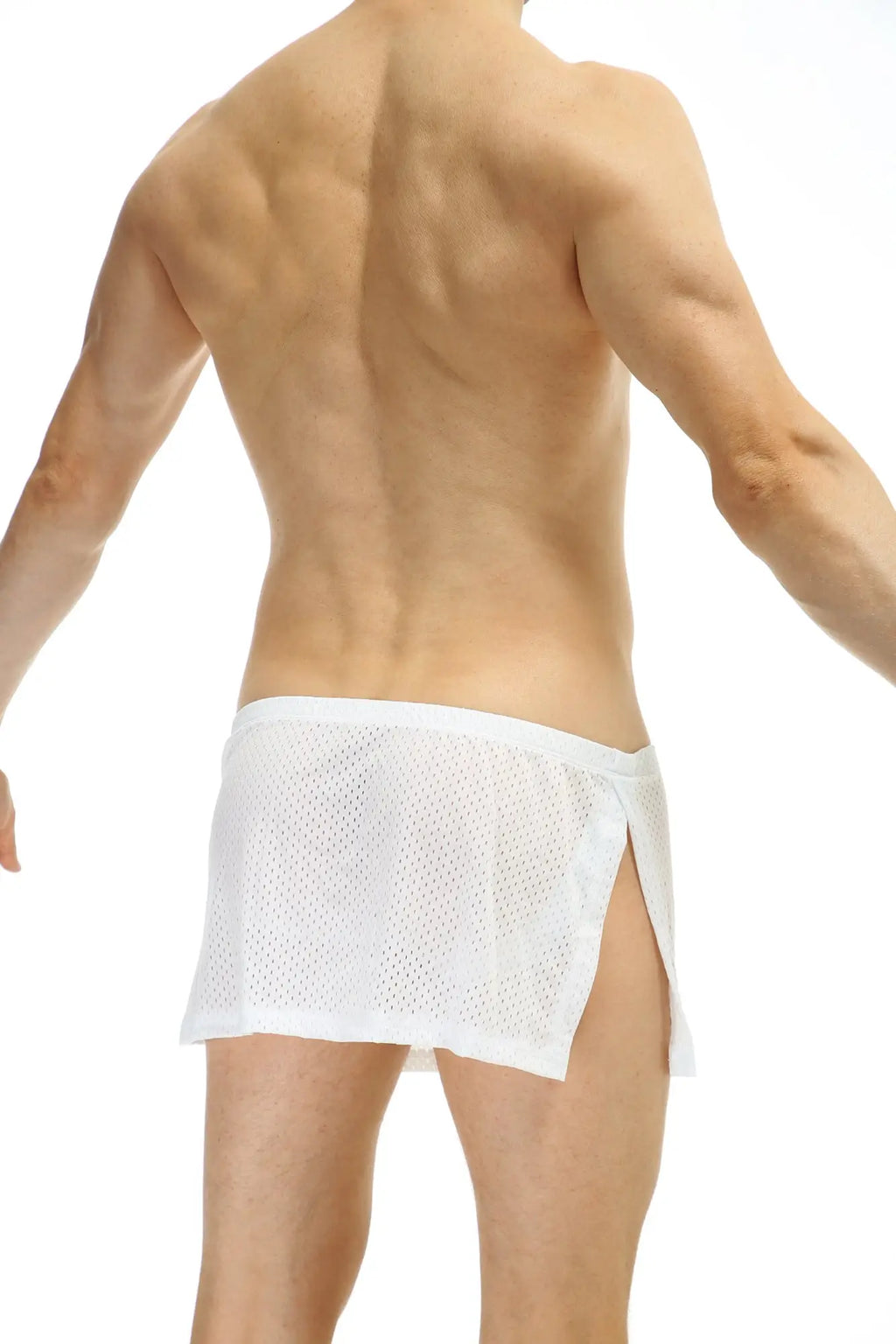 White mesh petitq loincloth bee briefs with side slit elastic waistband and jockstrap for breathable comfort