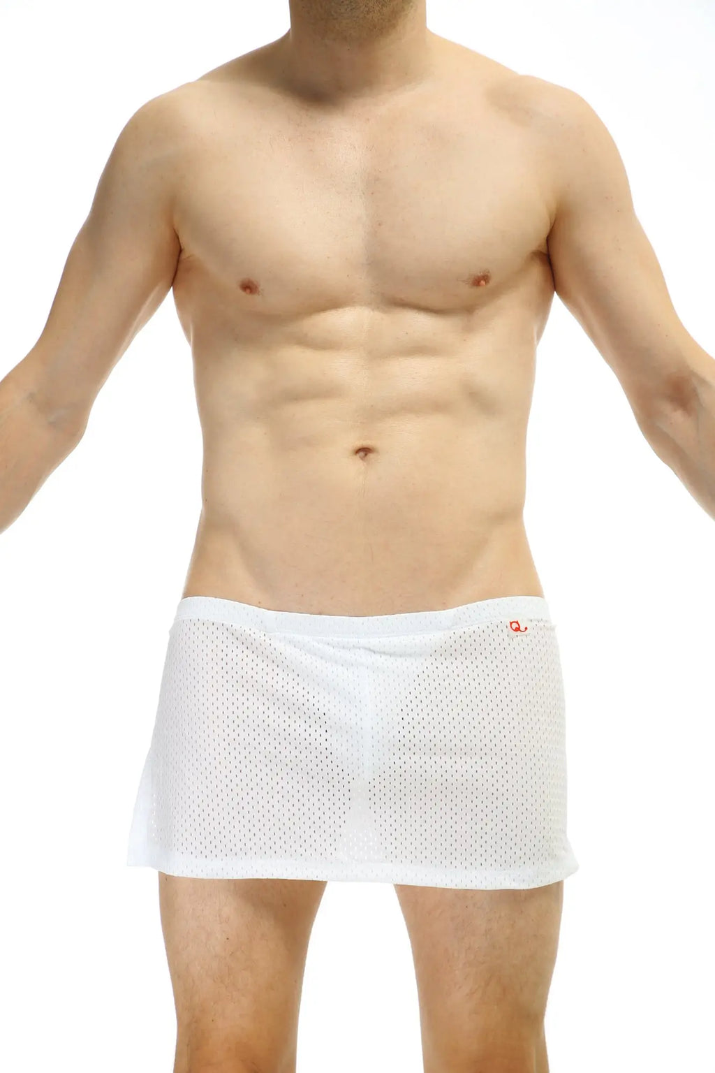 Petitq loincloth bee white mesh briefs with jockstrap featuring a subtle red logo on the waistband