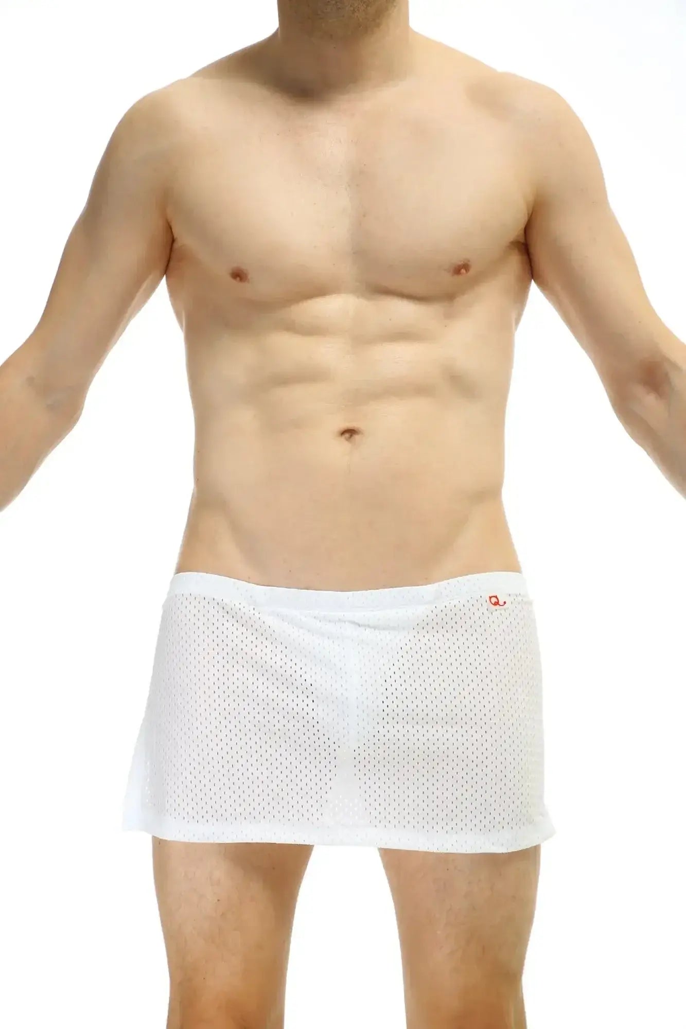 Petitq loincloth bee white mesh briefs with jockstrap featuring a subtle red logo on the waistband