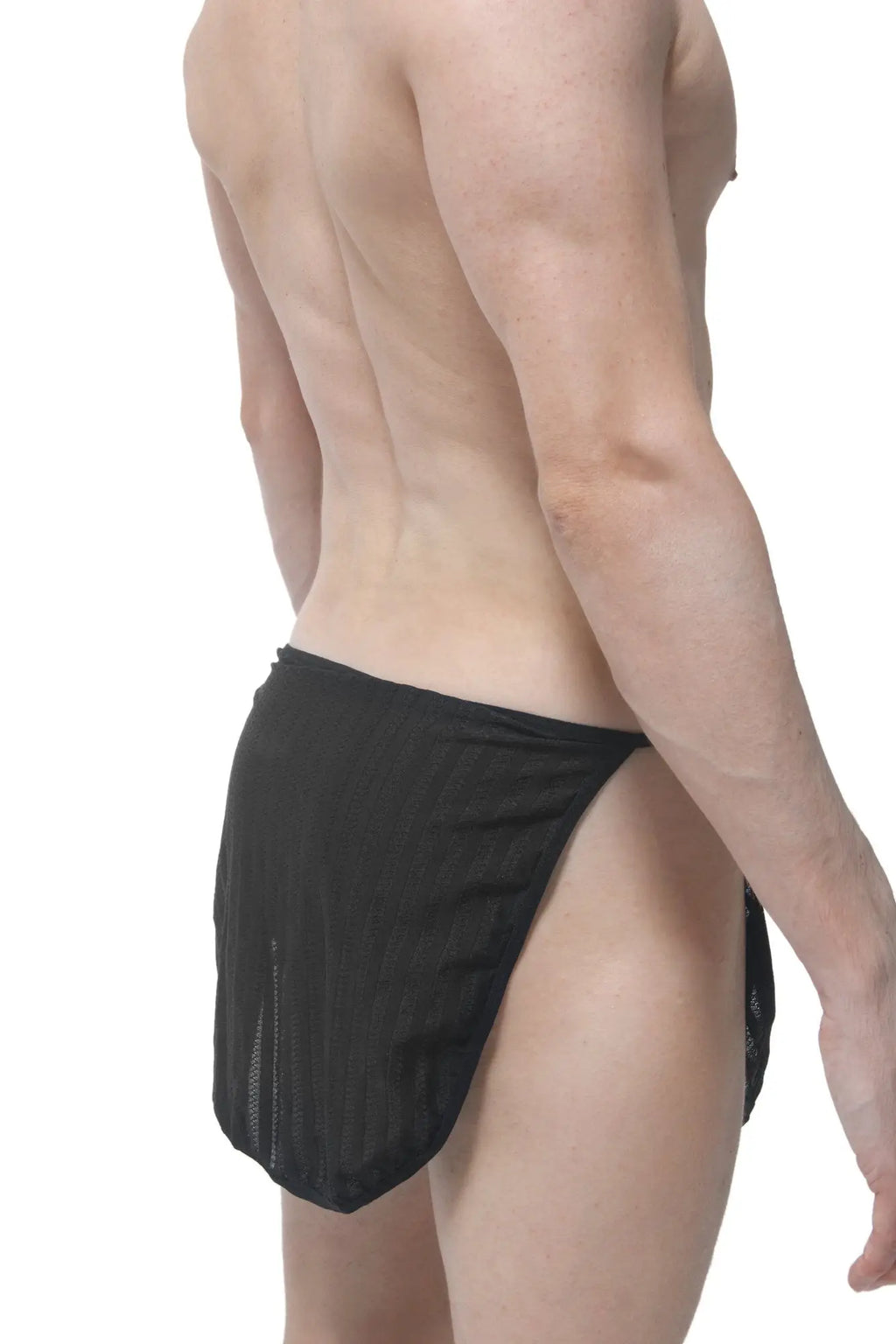 Black mesh briefs with side slit and lace trim from PetitQ loincloth mesh stripes collection