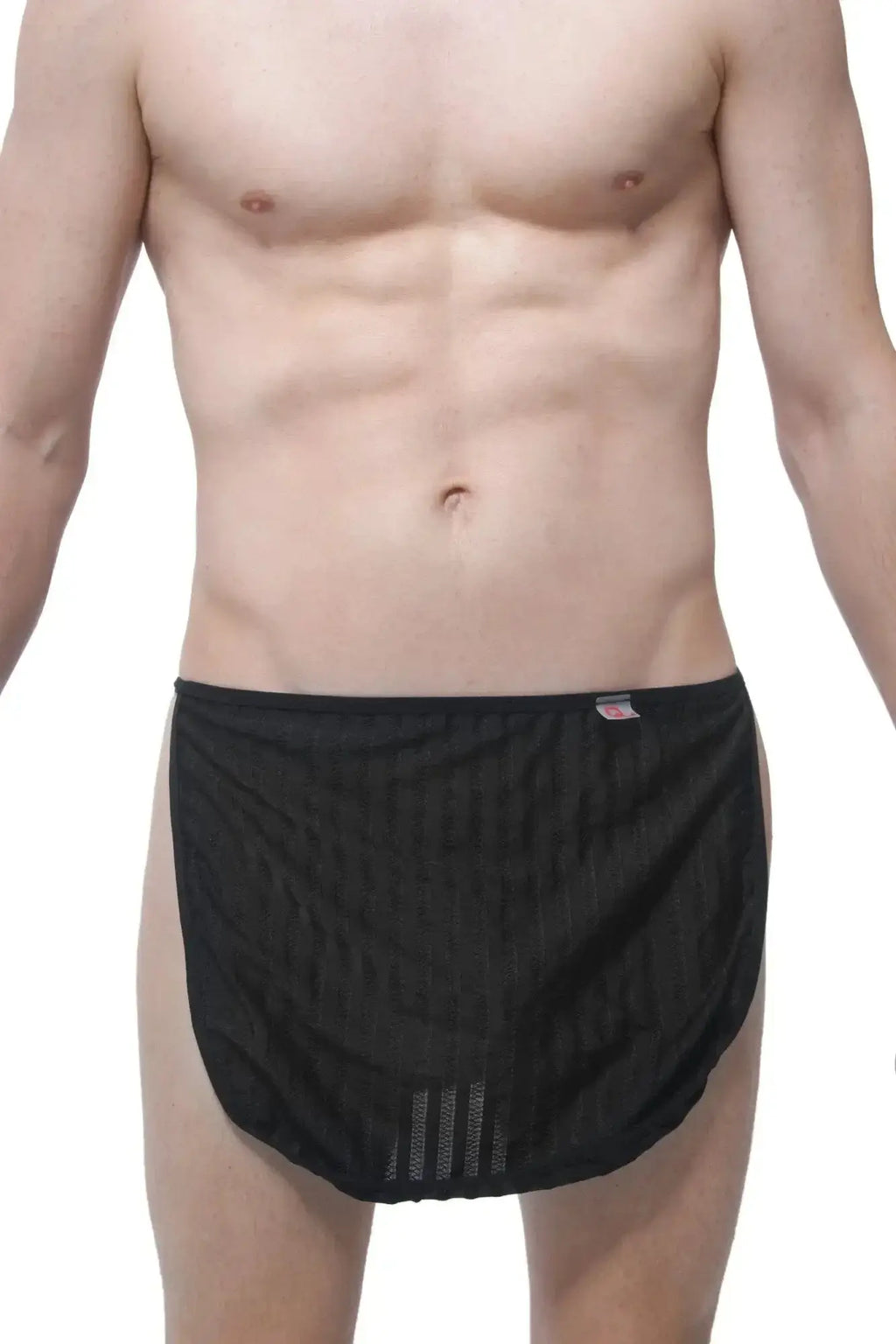 PetitQ loincloth mesh stripes black briefs with subtle textured pattern and small red logo on the waistband