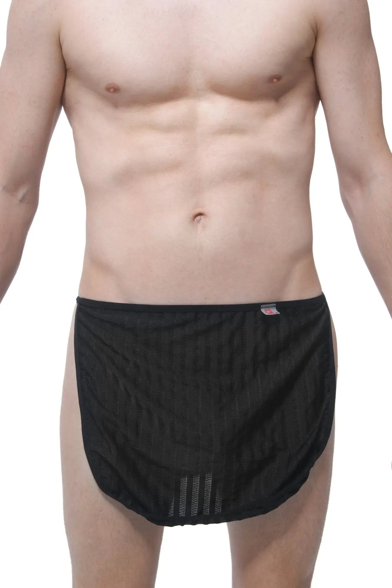 PetitQ loincloth mesh stripes black briefs with subtle textured pattern and small red logo on the waistband