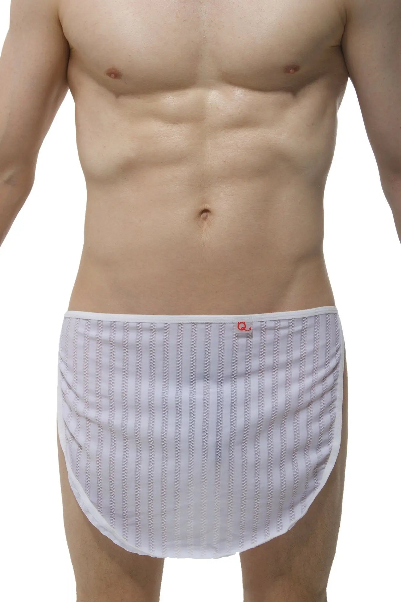PetitQ loincloth mesh stripes white briefs with white stripes and a subtle red logo on the waistband