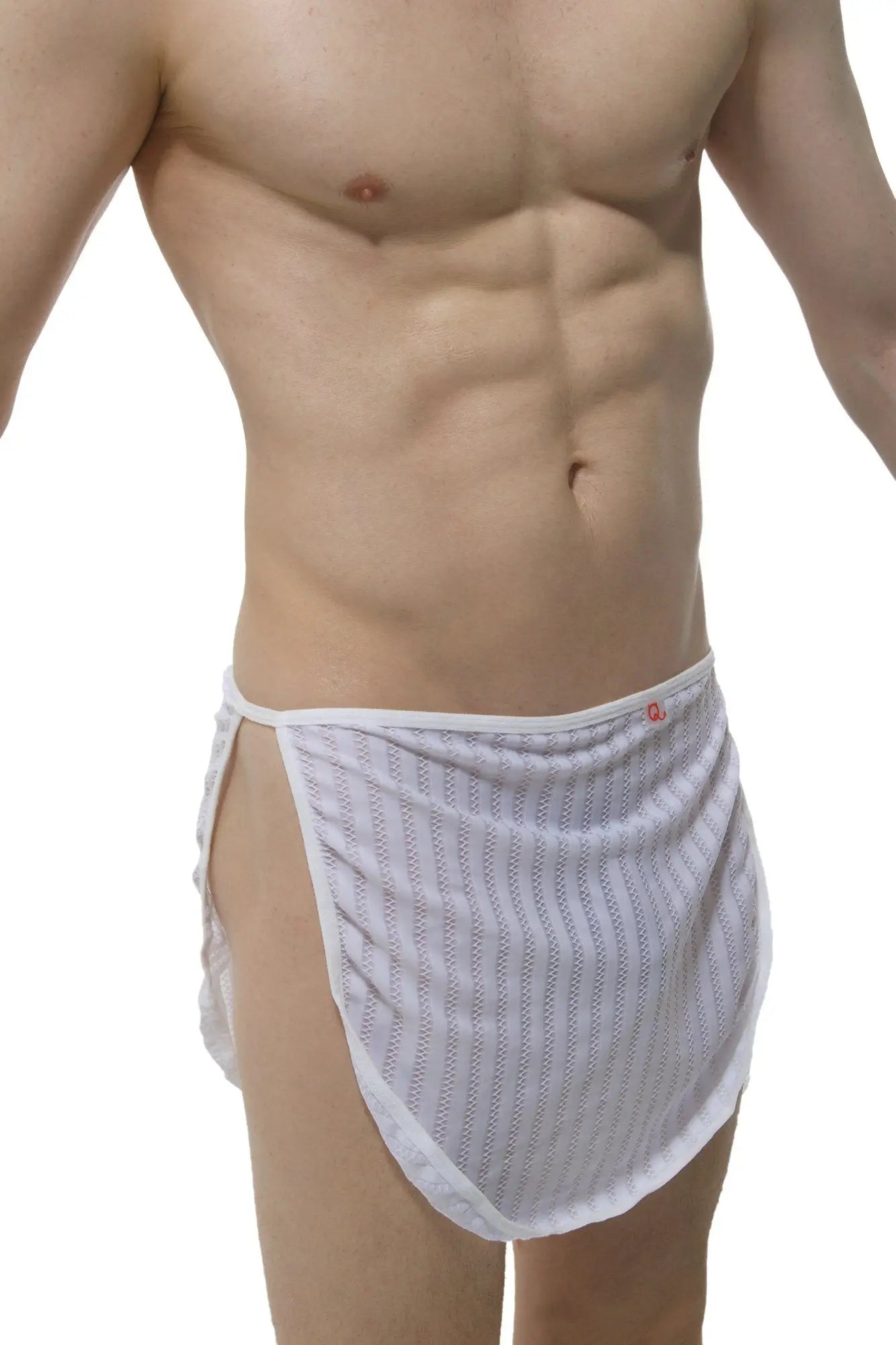 White mesh loincloth with subtle striped pattern and small red petitq logo on waistband