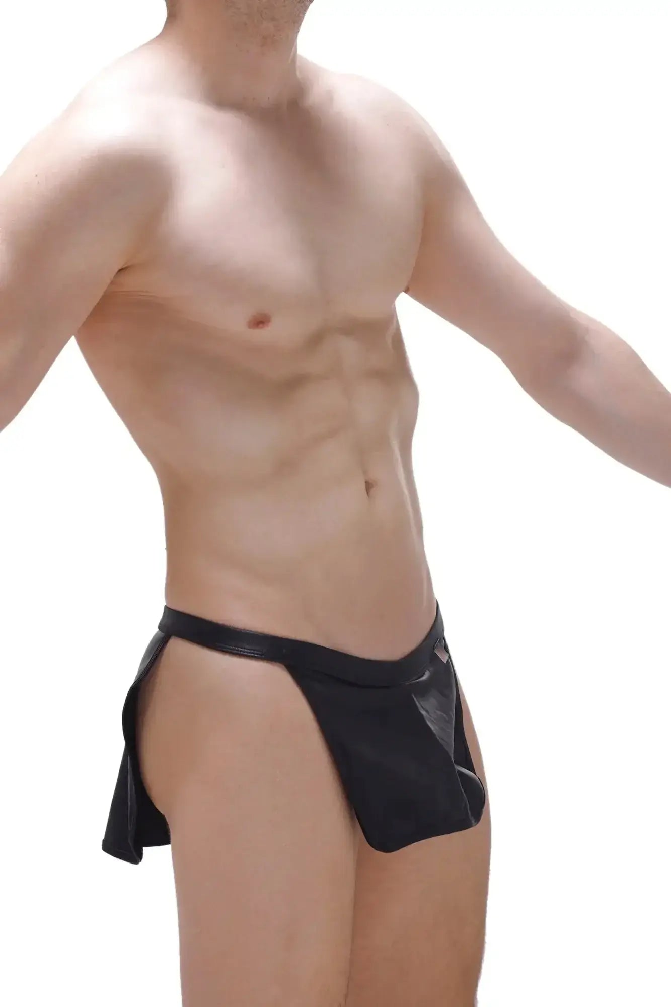 Black faux leather thong with side slit and small triangular front flap petitq loincloth wet black g-string
