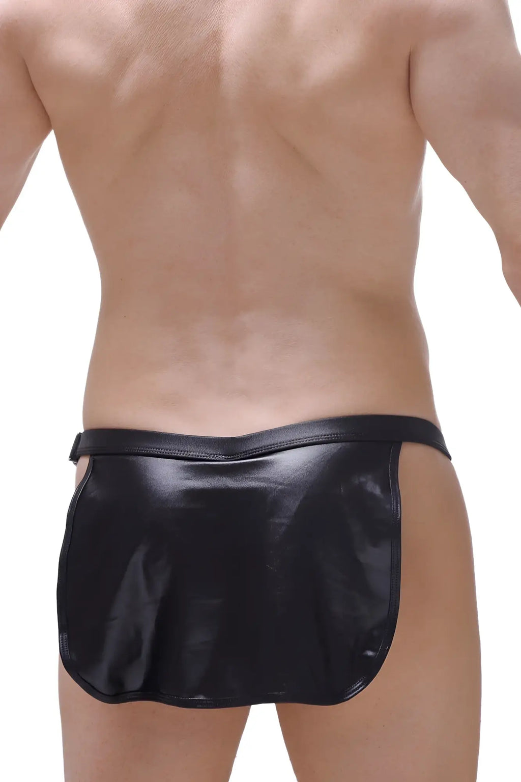 Petitq loincloth wet black g-string briefs in black patent leather with flared skirt-like hemline displayed from front