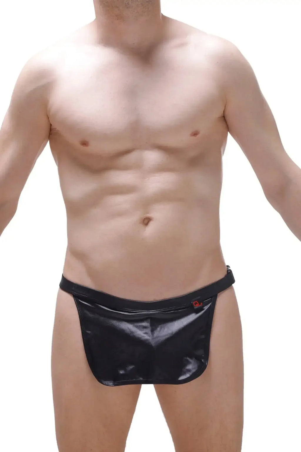 Black shiny latex briefs with red petitq logo on waistband designed as loincloth wet black with g-string