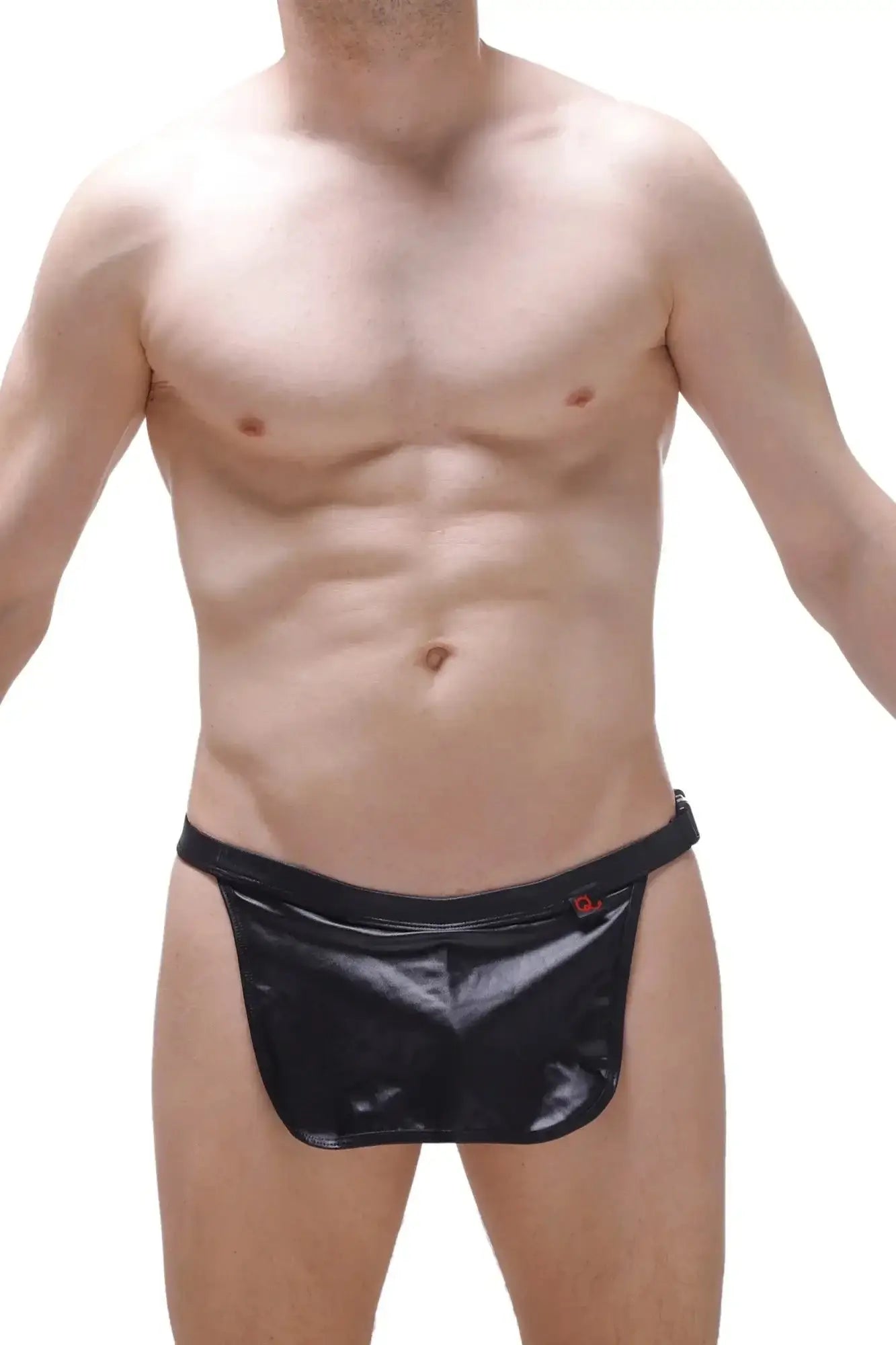 Black shiny latex briefs with red petitq logo on waistband designed as loincloth wet black with g-string