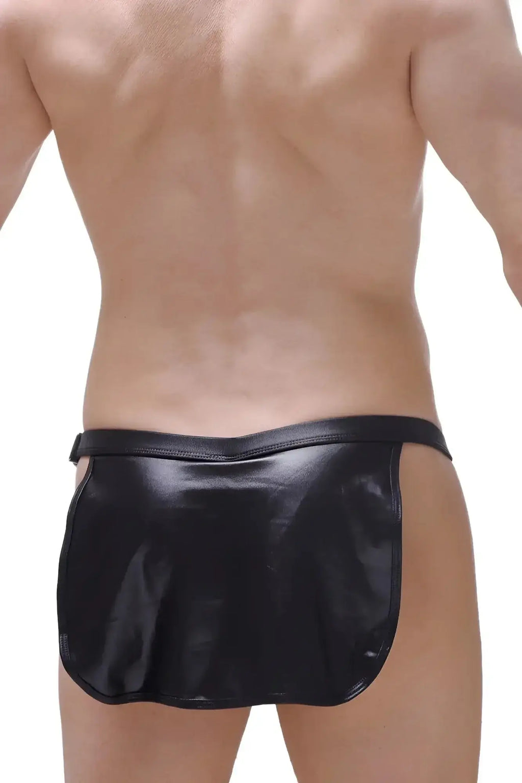 Petitq loincloth wet black g-string briefs in black patent leather with flared skirt-like hemline displayed from front