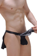 Petitq loincloth wet black satin-like fabric briefs with g-string and sleek form-fitting design shown from the back