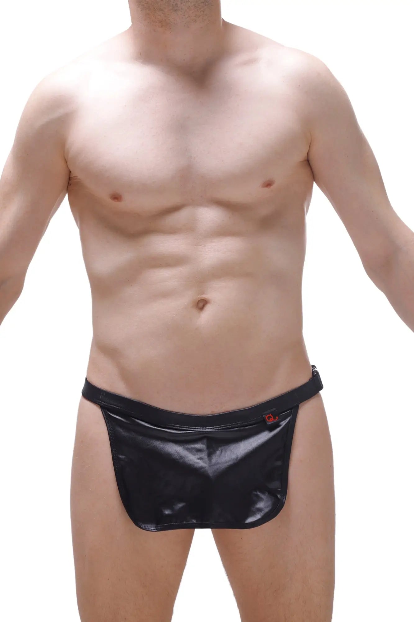 Black shiny latex briefs with red petitq logo on waistband designed as loincloth wet black with g-string