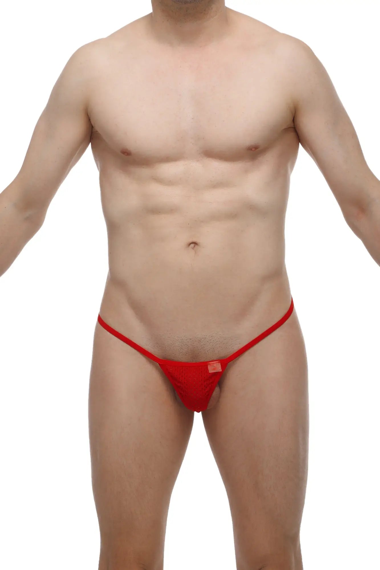 PetitQ micro g-string bee red thong in red with a small rectangular tag at the center front