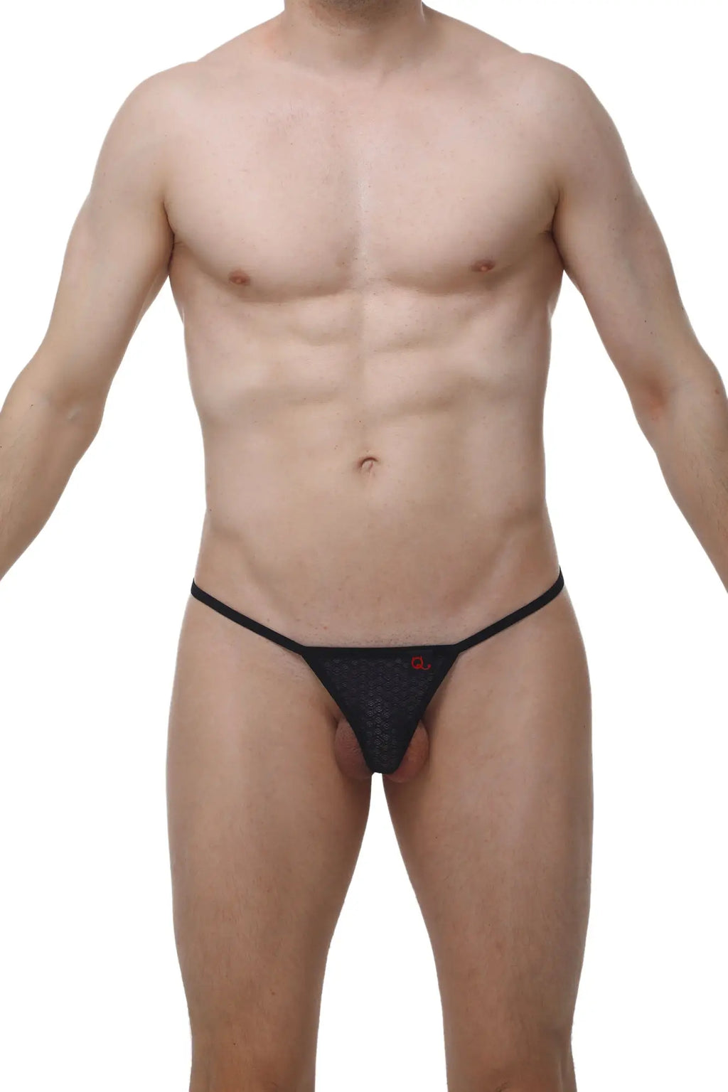 Black mesh petitq micro g-string thong with a small red logo on the front in macra black color