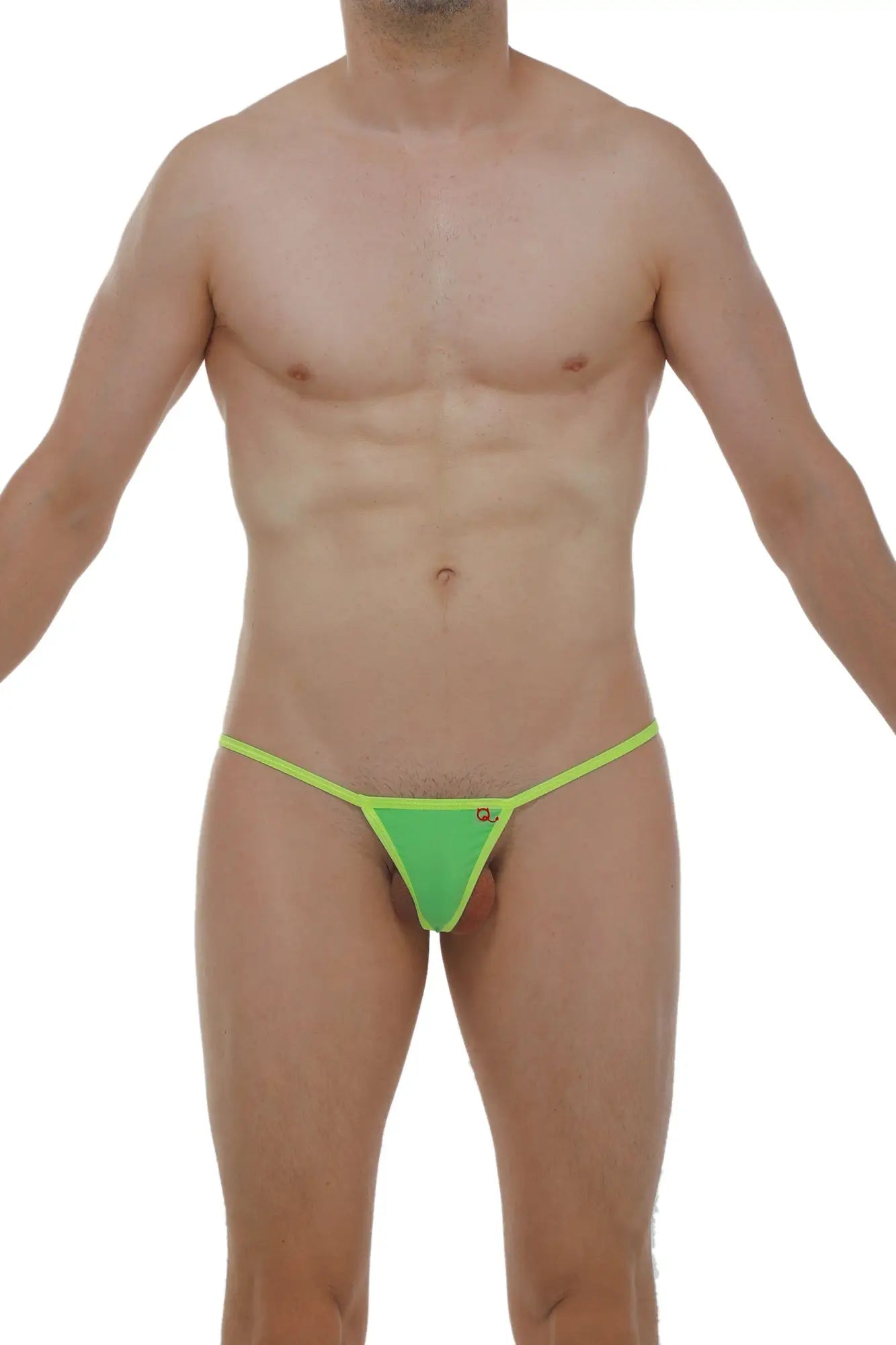 Bright green petitq micro g-string thong with neon yellow trim shown from the back side