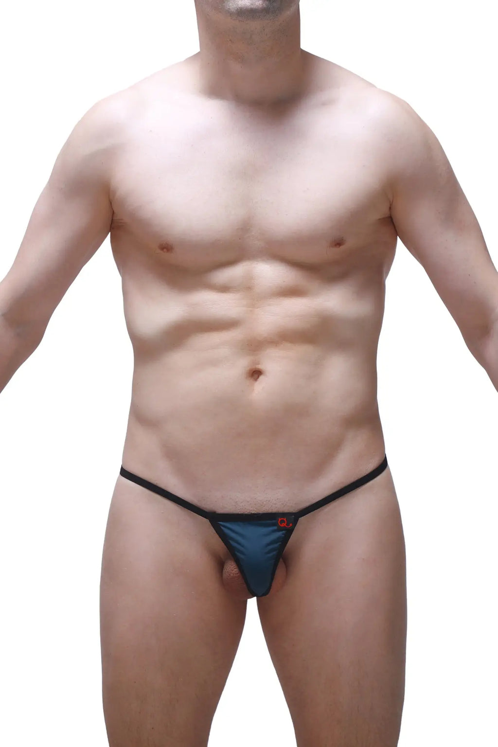 Blue satin petitq micro g-string with black trim and small red logo on the front prussian color