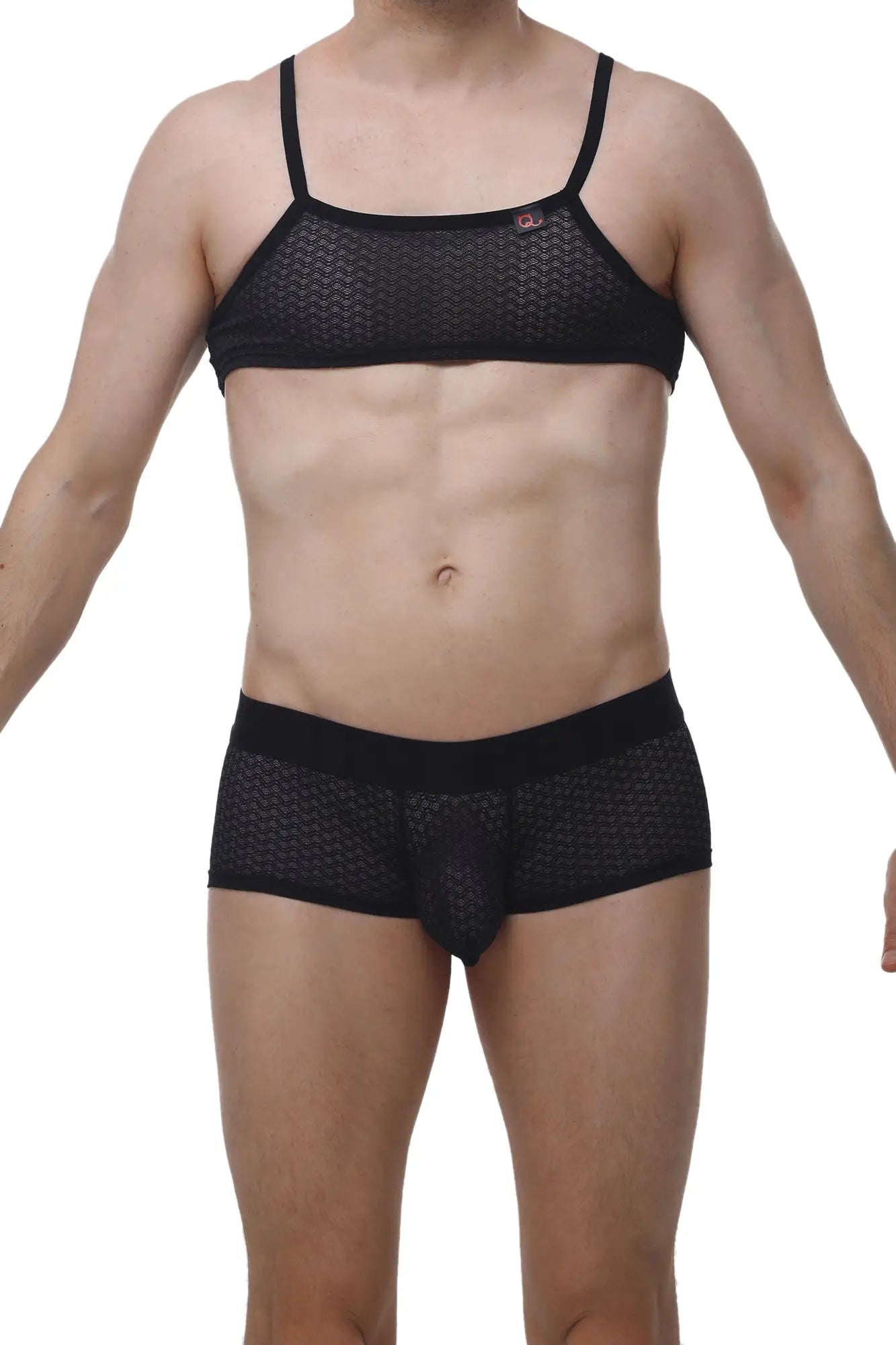 Black mesh bra and matching briefs set with thin straps and textured pattern from PetitQ micro tank macra black collection
